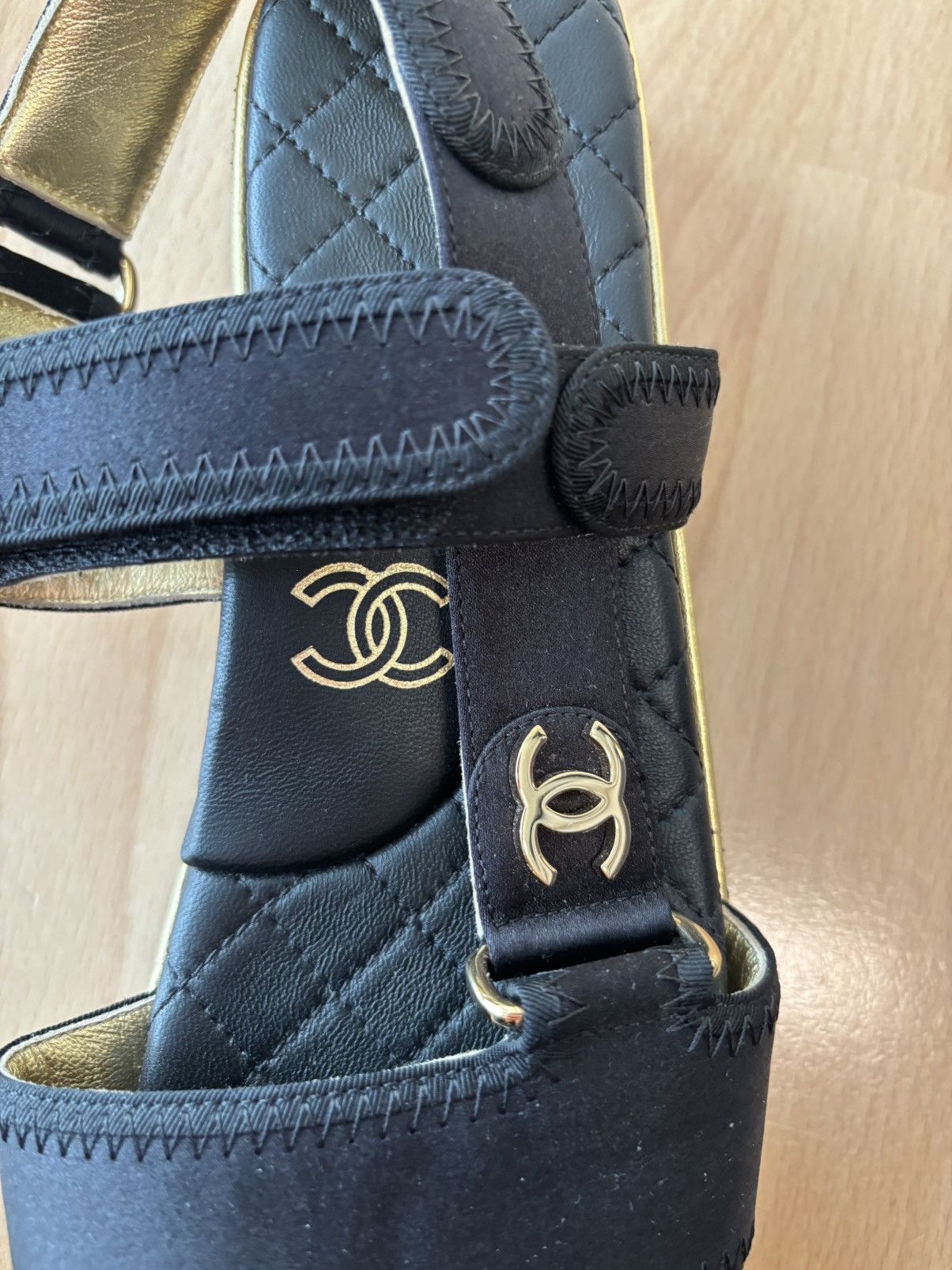 Chanel Chanel Black Satin CC Velcro Strap Flat Sandals Size US 5 / IT 35 - 4 Thumbnail