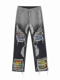 Japanese Brand Black and red heavily embroidered ripped straight jeans Size US 31 - 5 Thumbnail