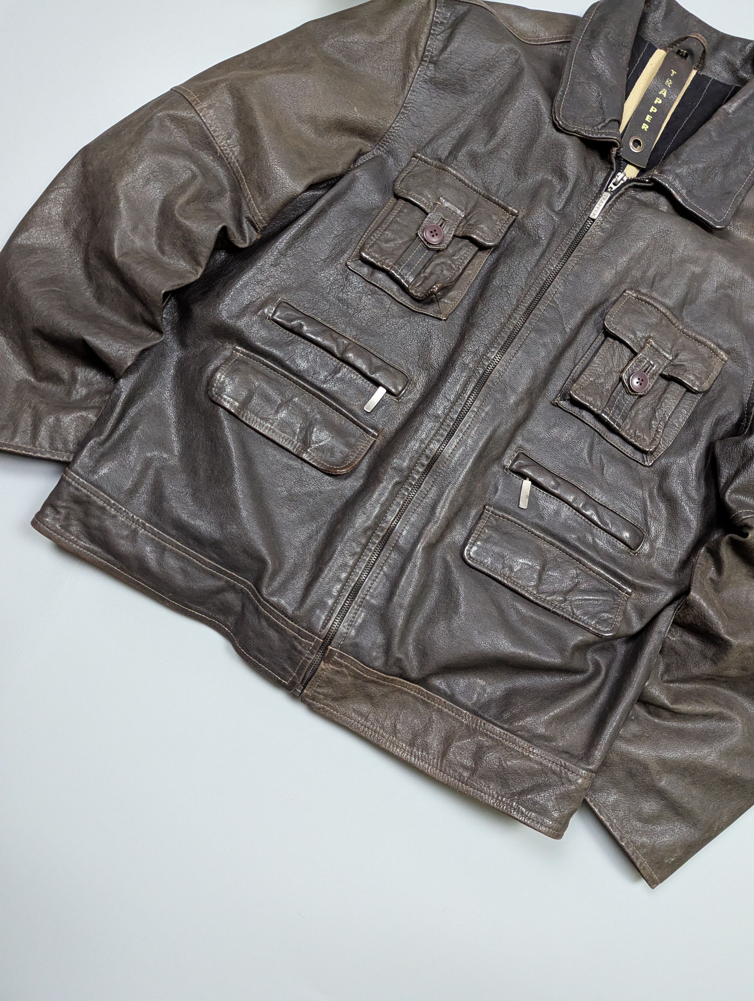 Vintage TRAPPER Mens Brown Multi-Pocket Leather Vintage Biker Jacket Size US XL / EU 56 / 4 - 5 Thumbnail