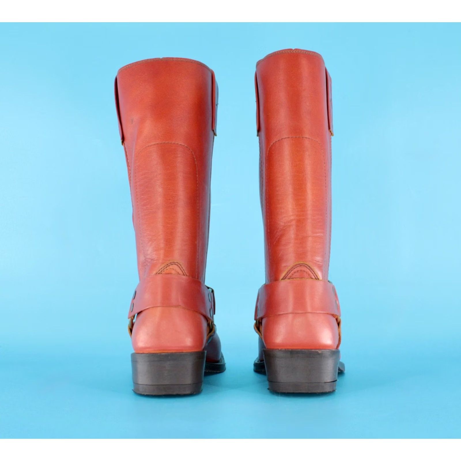 Vintage VTG 70s Boots Texas Boots Mens VTG 70s Red Brown Harness Boots Sz 7 D Leather Cowboy Motorcycle Biker Size US 7 / EU 40 - 6 Thumbnail