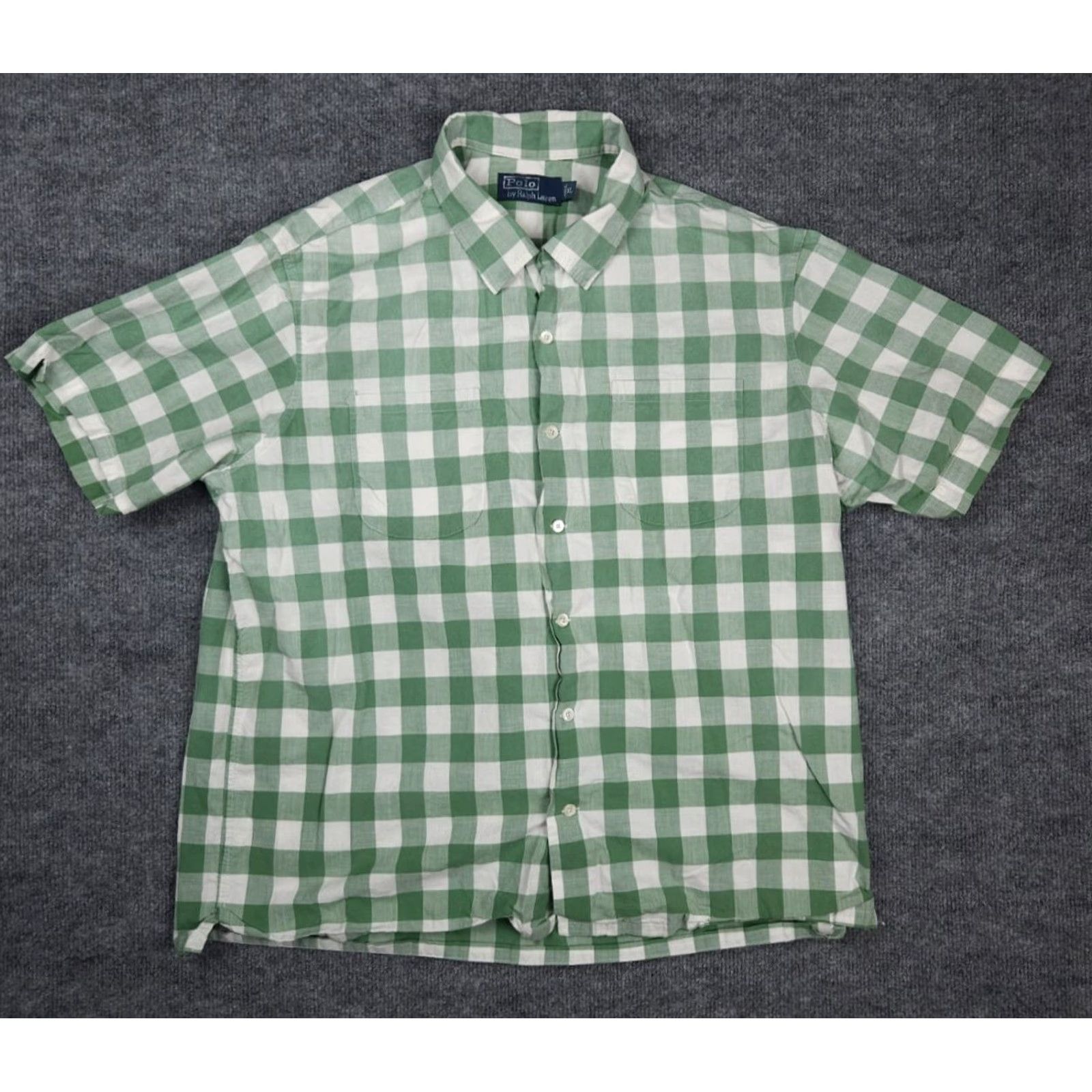 Polo Ralph Lauren VINTAGE Polo Ralph Lauren Shirt Mens XL Plaid Green White Short Sleeve Relaxed Pockets Button-Up Camp Collar Size US XL / EU 56 / 4 - 2 Thumbnail