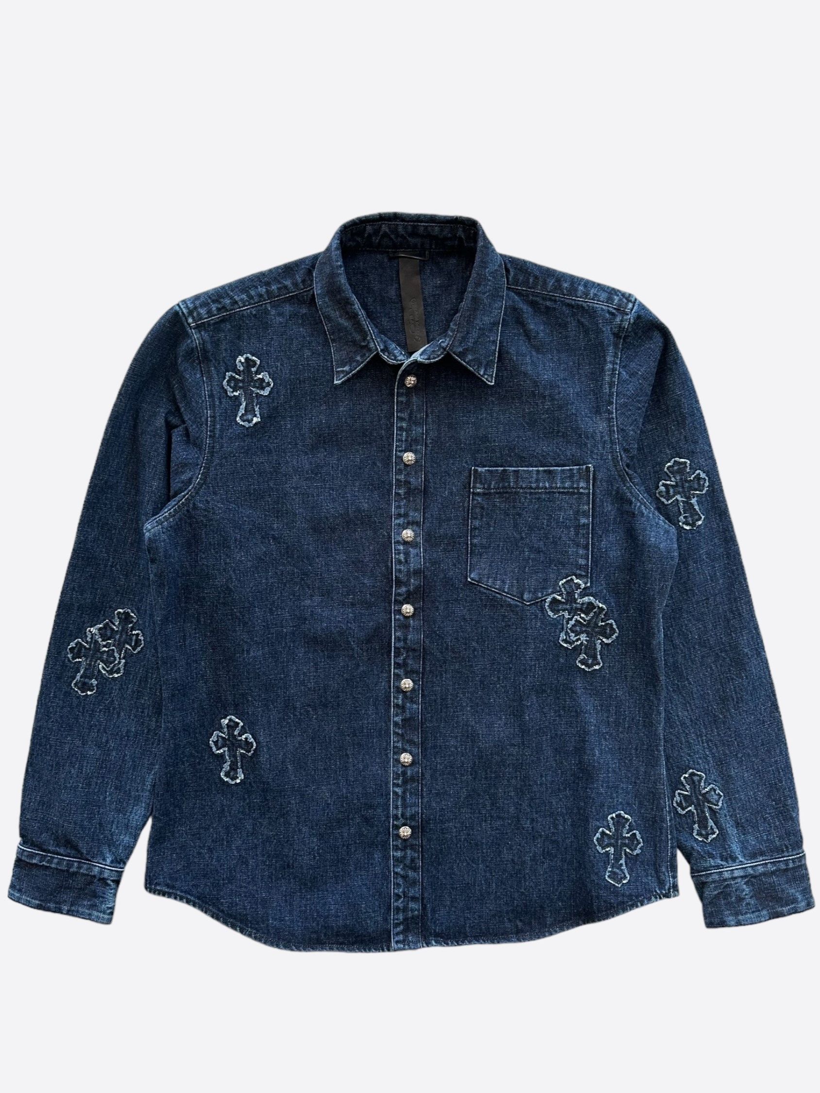 image of Chrome Hearts Blue Embroidered Cross Patch Denim Shirt, Men's (Size XL)