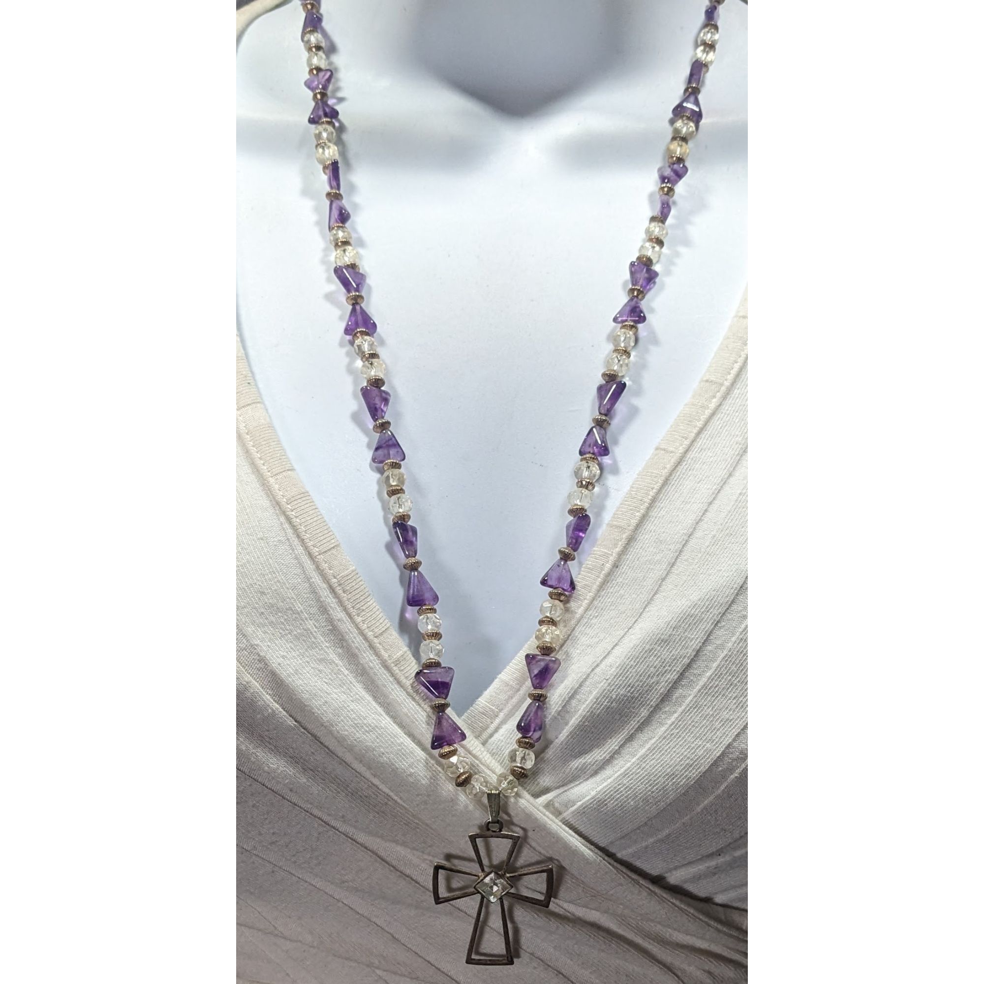 Other Amethyst And Glass Beaded Open Silver Tone Cross Pendant Nec Size ONE SIZE - 4 Thumbnail