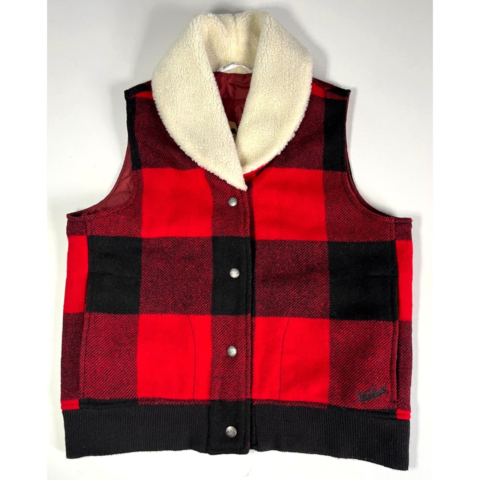 Vintage Woolrich Women's Vest Wool Blend NWT Giant Buffalo Size S Red Black Plaid Outdoor Pockets Vest Mens? Size S / US 4 / IT 40 - 5 Thumbnail