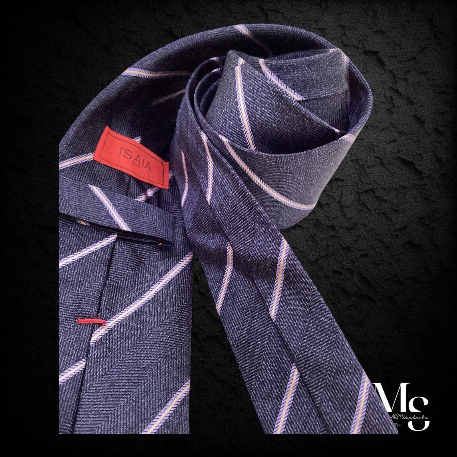 Isaia ISAIA NAPOLI 7 FOLD Navy Striped Silk Tie Hand Made In Italy Size ONE SIZE - 4 Thumbnail