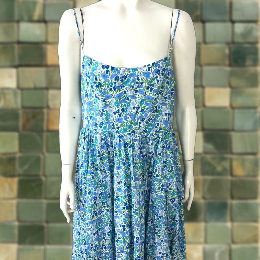 J.CREW Liberty Fit & Flare Spaghetti Midi Dress Floral Printed Blue MINT -  Blue Floral Cotton 12, Sleeveless, Round Neck, Pullover, Midi Dress, Women  - crrs.pl