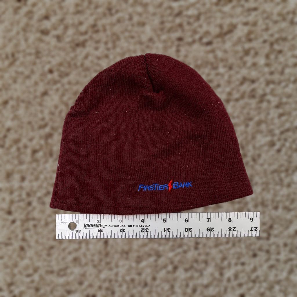 Vintage VINTAGE Firstier Bank Beanie Toque Adult One Size Burgundy Knit 100% Cotton Winter Ski Size ONE SIZE - 1 Thumbnail