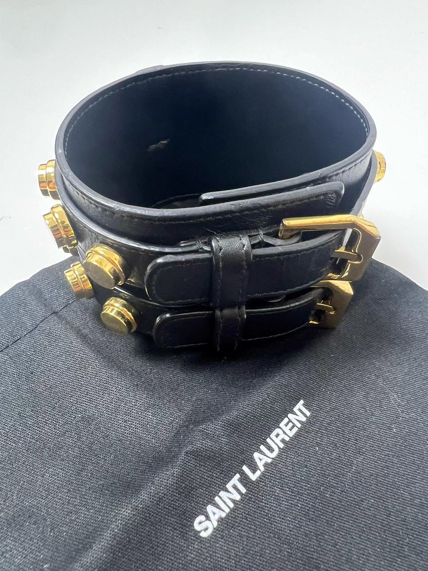 Saint Laurent Paris SLP Breasted Studded Black Leather Bracelet Adjustable Size ONE SIZE - 4 Thumbnail