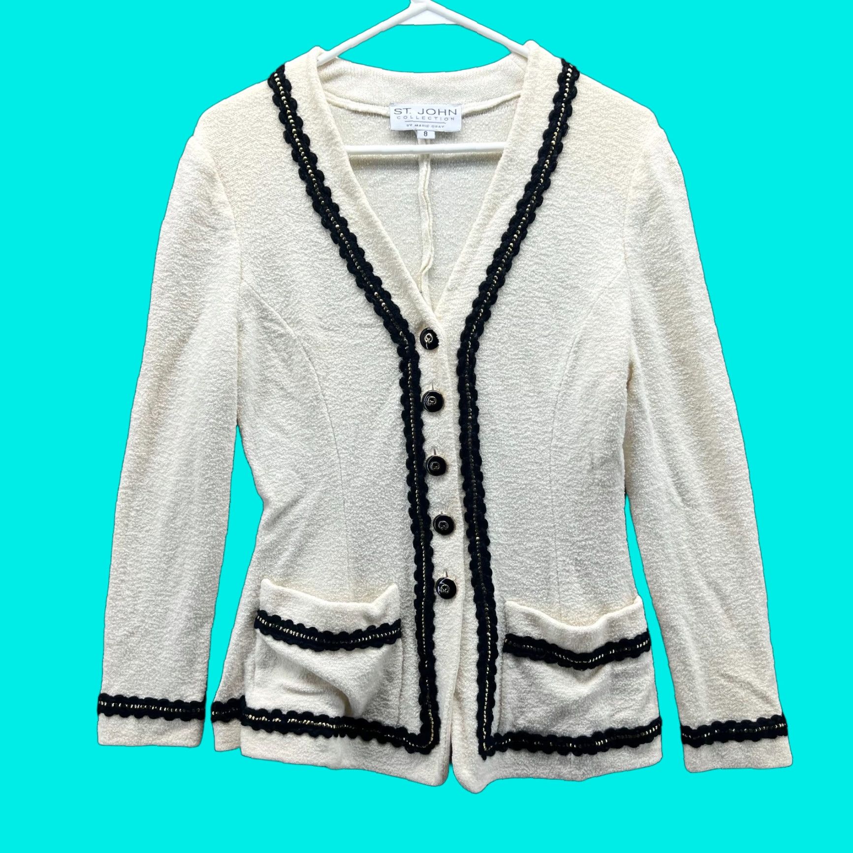 St. John St. John Collection Jacket Women 8 Beige Cardigan Black Trim Marie Gray Military Casual Business Vintage No N/A Size M / US 6-8 / IT 42-44 - 1 Thumbnail
