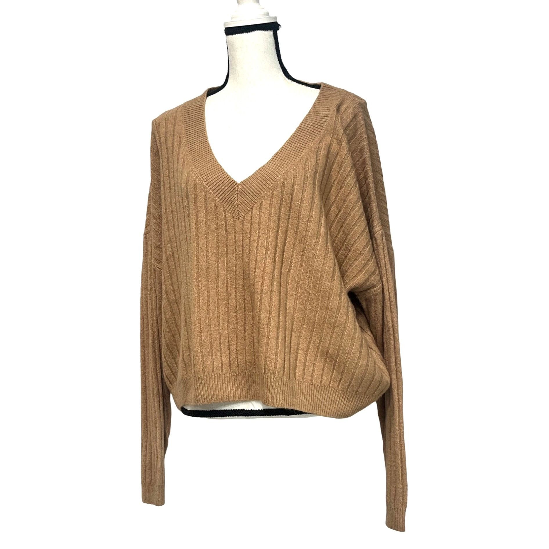 Other OPEN EDIT V-neck Rib Sweater In Tan Cartouche, Sz. XL Size XL / US 12-14 / IT 48-50 - 3 Thumbnail