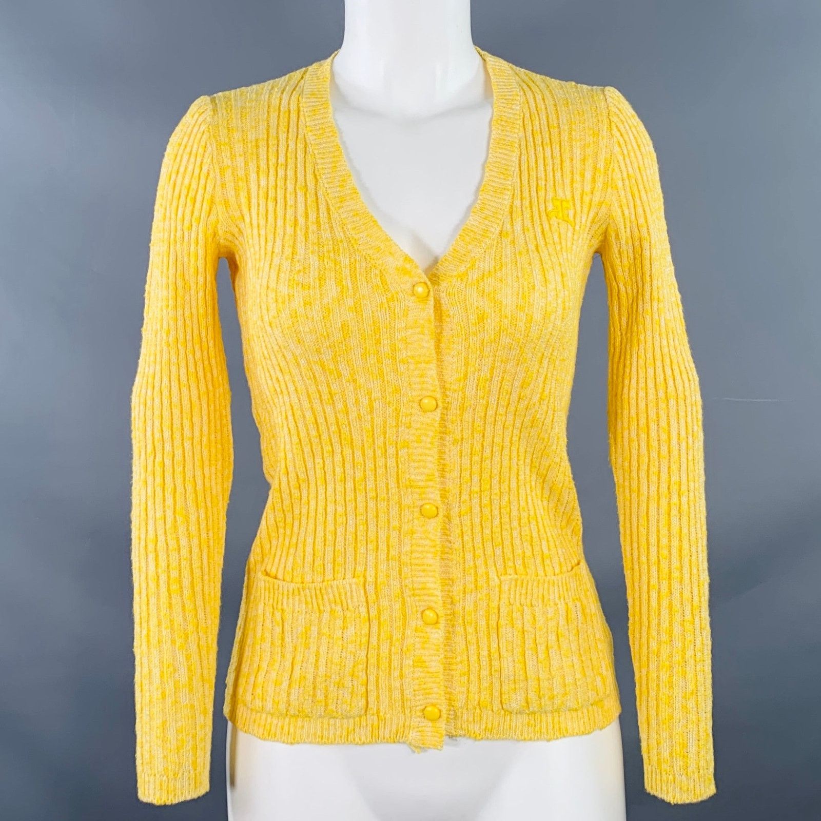 Courreges Vintage XS Yellow Acrylic Blend Rib Knit V-Neck Cardigan Size XS / US 0-2 / IT 36-38 - 1 Thumbnail