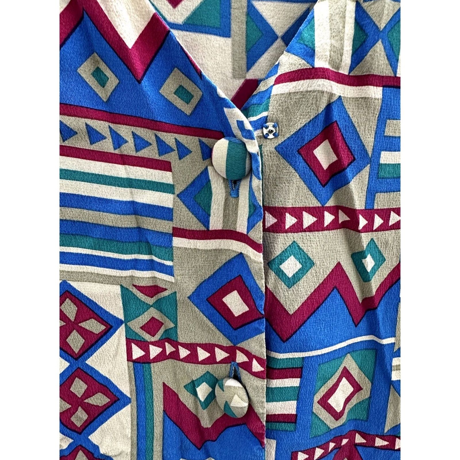 Vintage Pape'll Too Womens Blouse Button-Up Silk Aztec Long Sleeve Size 10 Blue Geometric Regular Styling Bohemian Mens? Womens Size L / US 10 / IT 46 - 4 Thumbnail