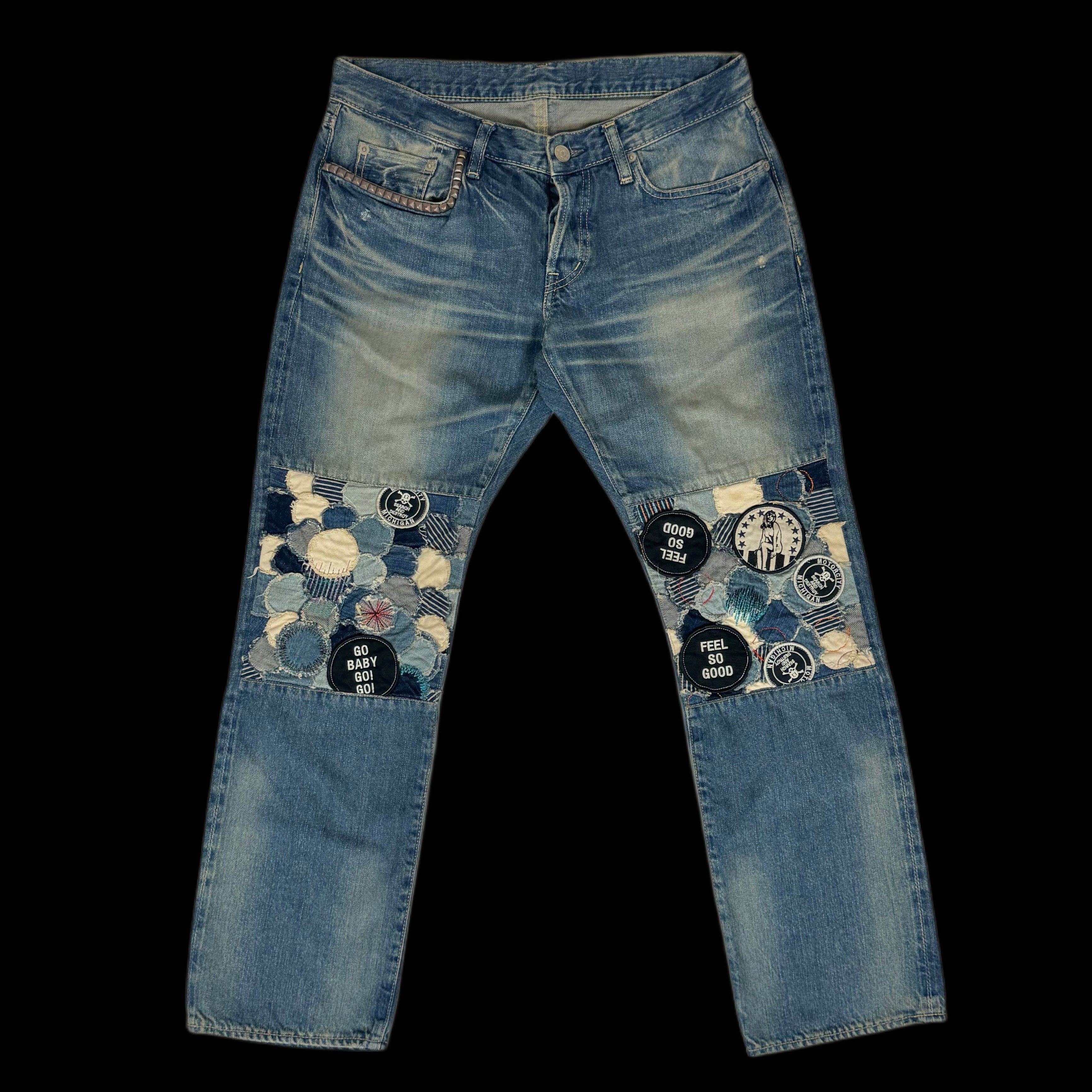 image of 2011 Hysteric Glamour Patchwork Knee Selvedge Jeans in Indigo, Men's (Size 30)