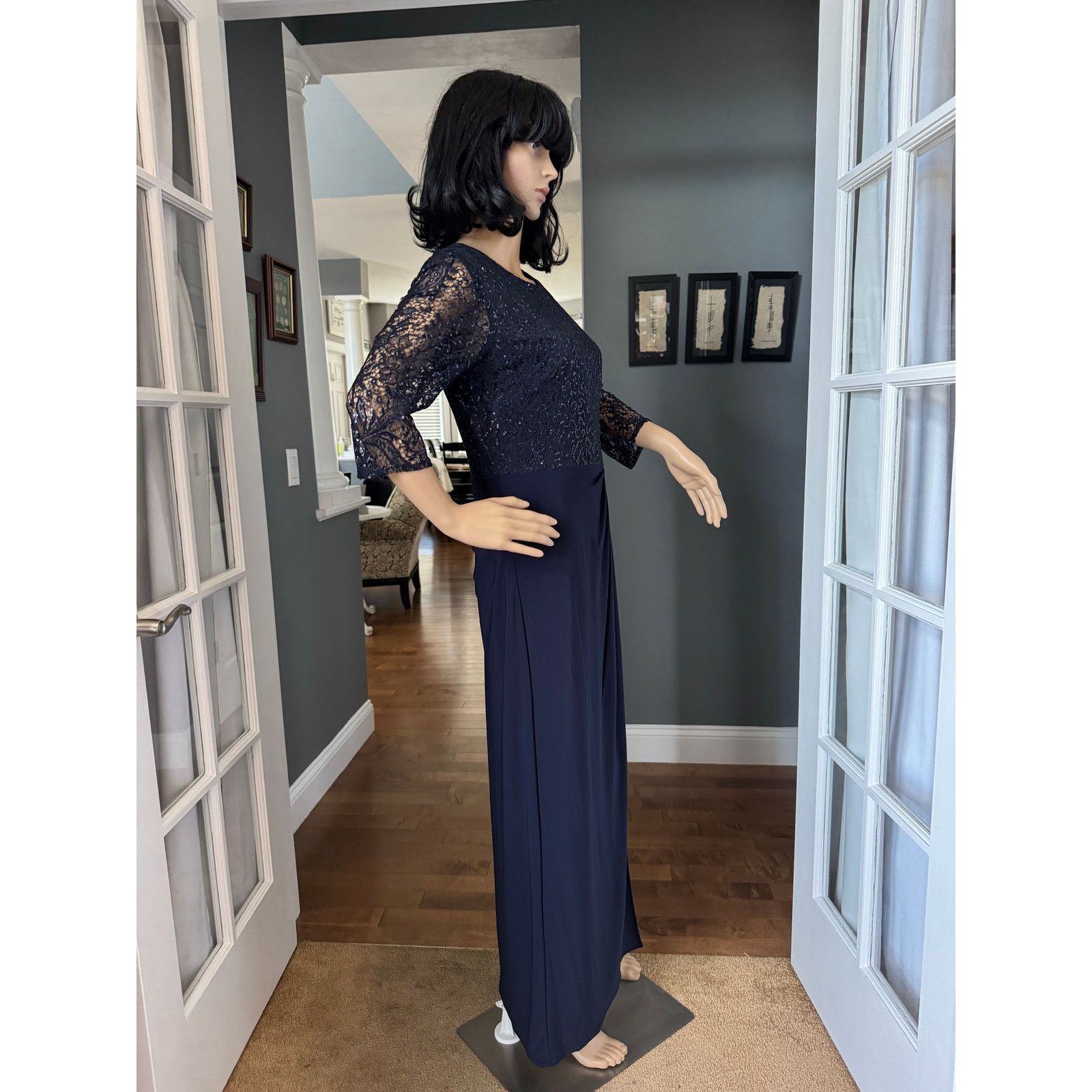 Alex Evenings Navy Long sequin Bodice sheer sleeves Dress