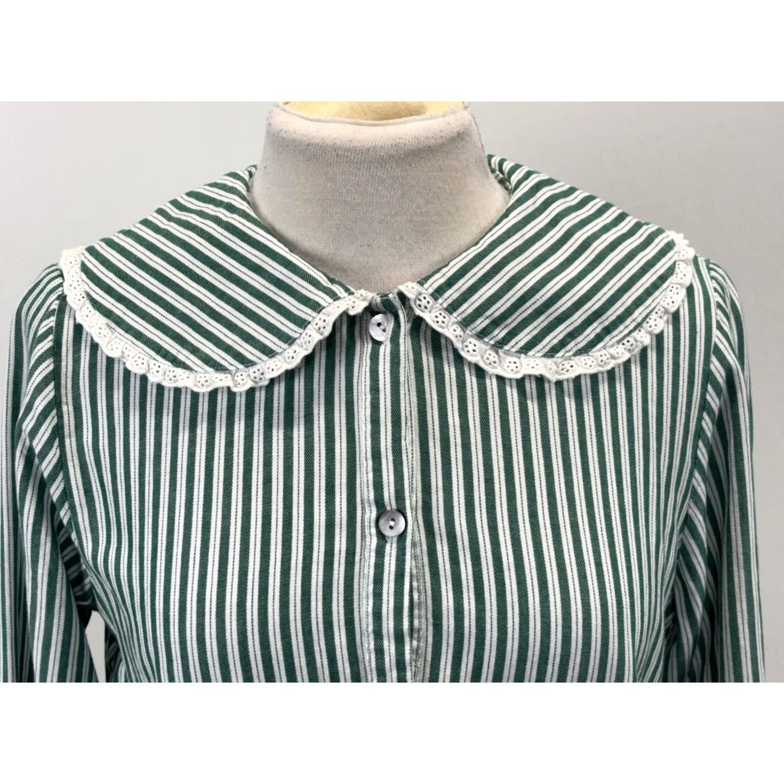 Vintage Rachel Ashwell Pajama Set Women’s S Green Stripe Eyelet Trim Cottage Core 2 Pc Threaded Cotton Shirt Button Collared Long Sleeve Adults Womens Size ONE SIZE - 6 Thumbnail