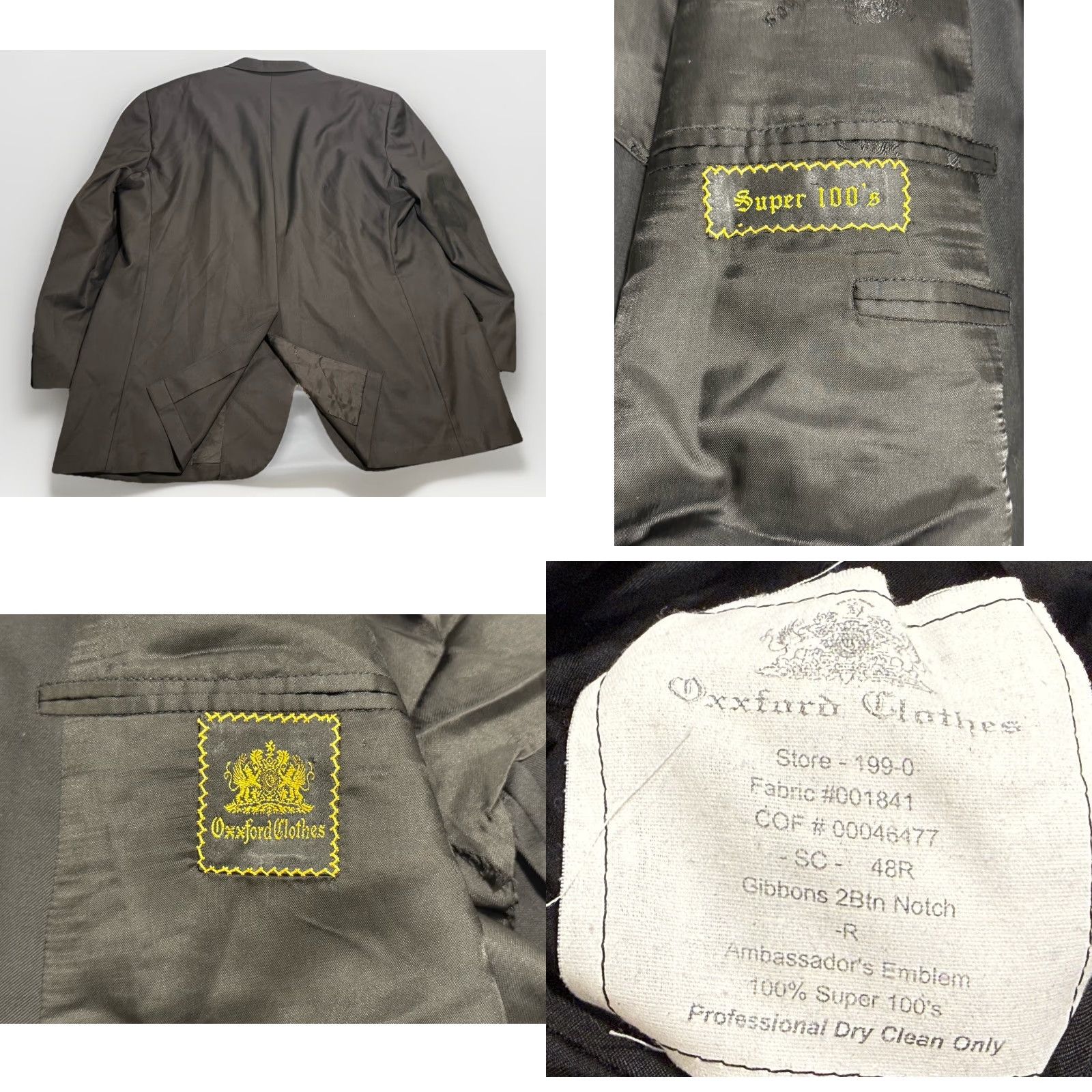 Vintage Oxxford Clothes 48R 2-Piece Black Suit Super 100s Wool Classic Fit Mens Size 48R - 8 Thumbnail