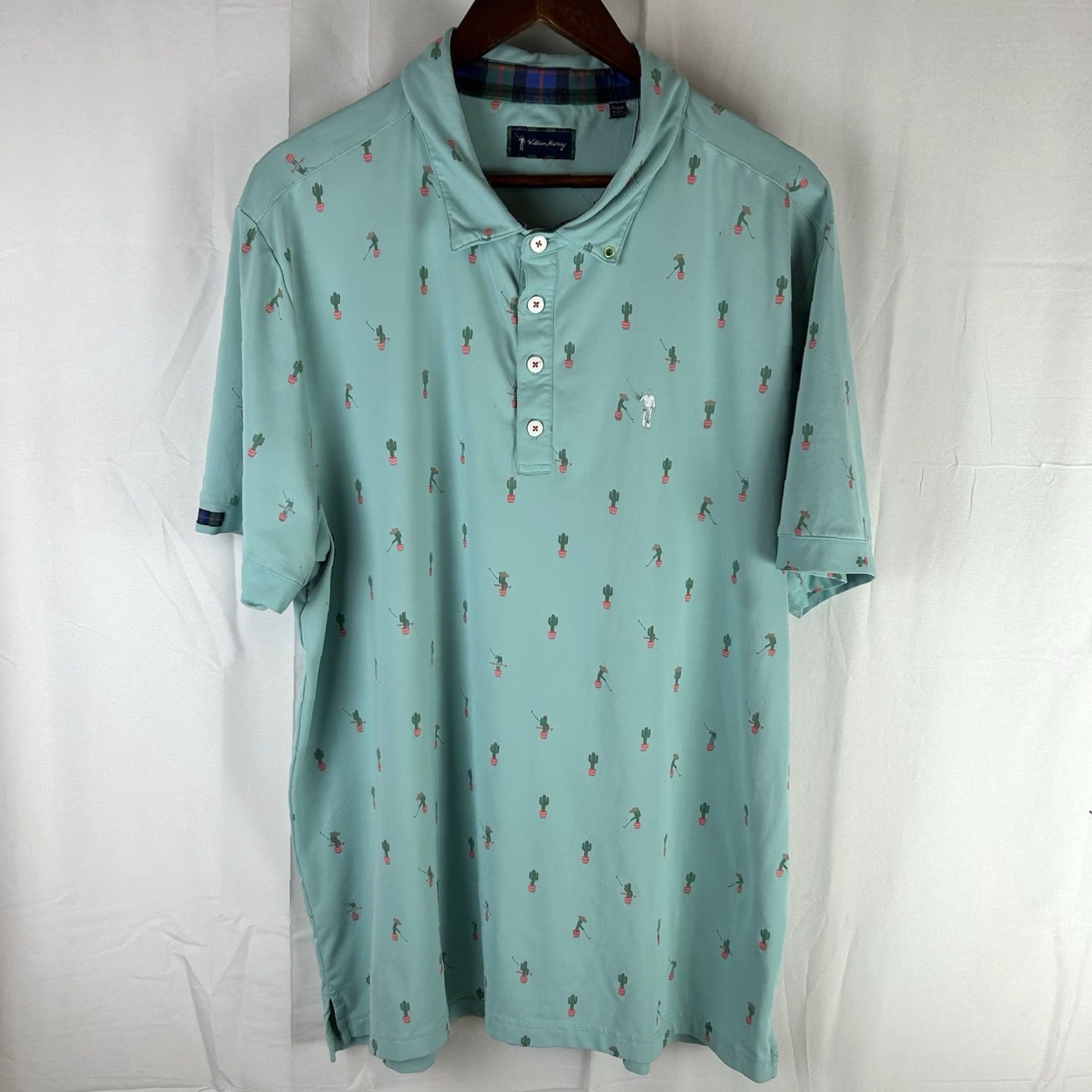 Vintage William Murray Golf Polo Shirt Men XL Mint Cactus Print Short Sleeve Button-Up Spread Collar Tropical, Breathable, Pockets, Graphic Print Size US XL / EU 56 / 4 - 2 Thumbnail