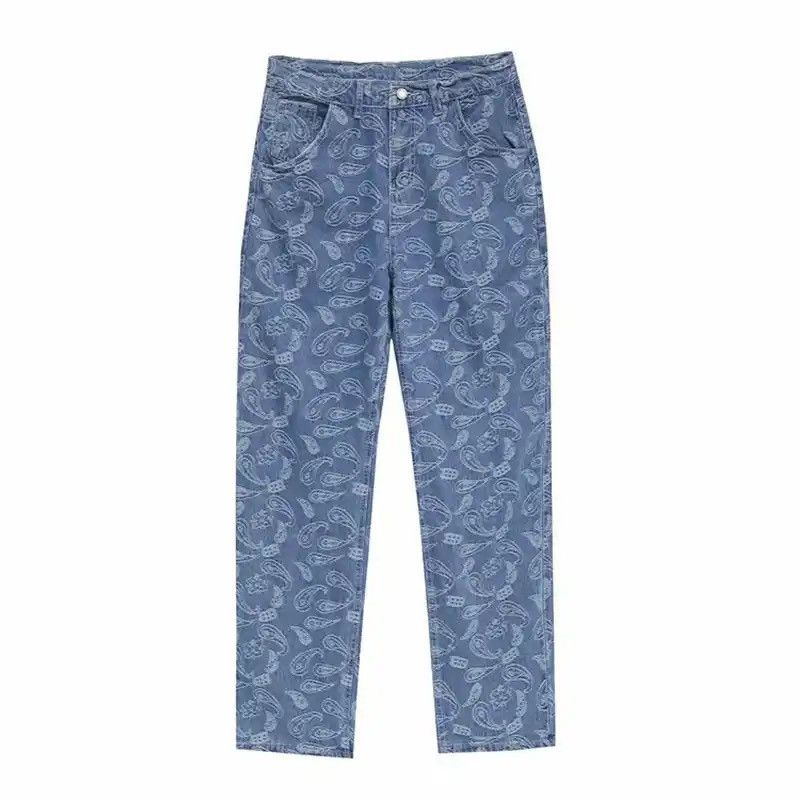 Print Cashew Flower Straight Jeans