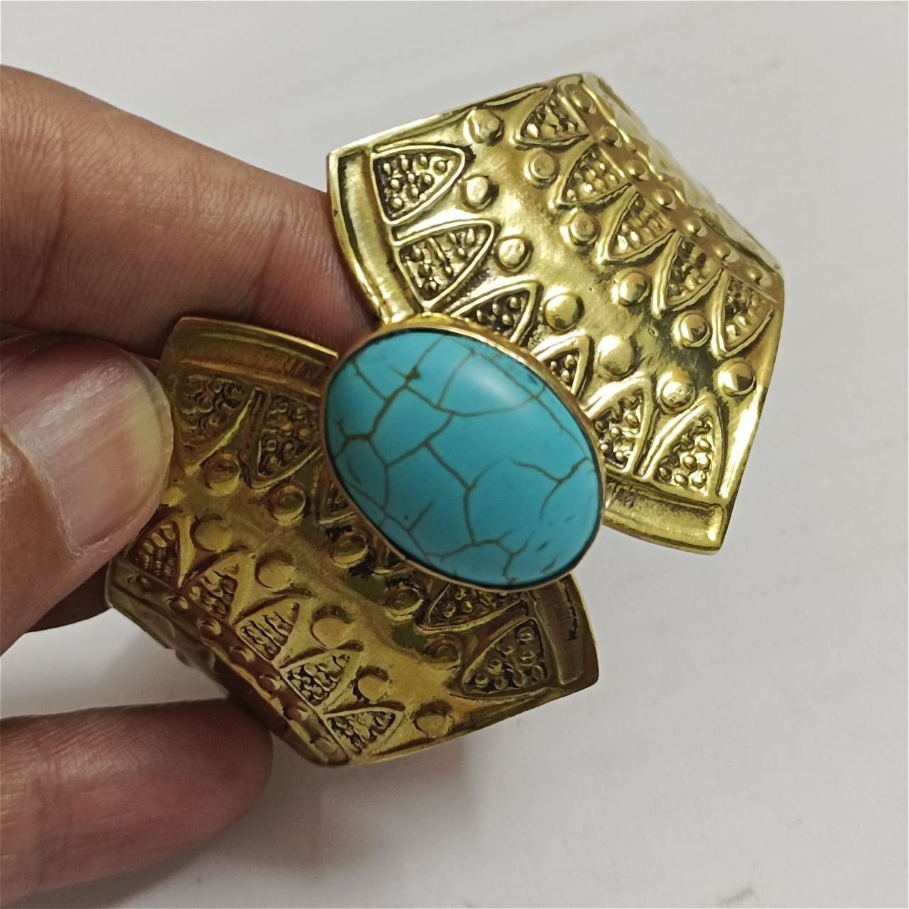 Handmade Handcrafted brass bracelet with turquoise stone Size ONE SIZE - 1 Thumbnail