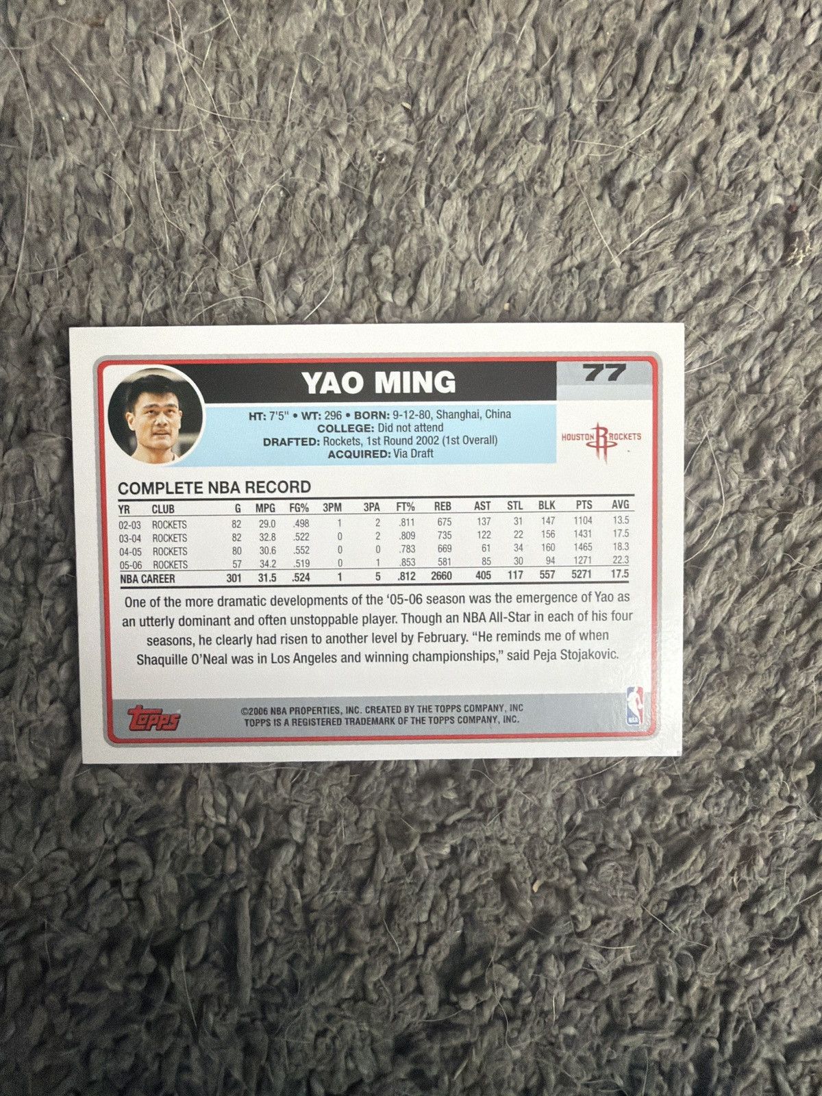 NBA 2006 Topps #77 Yao Ming Card Size ONE SIZE - 2 Thumbnail