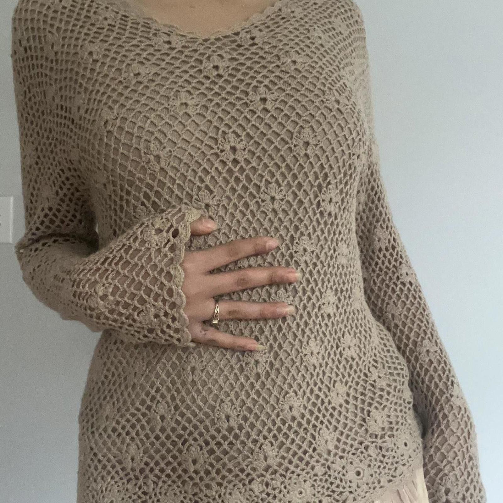 Croft & Barrow Tan crochet sweater with floral pattern long sleeves Size XXS / US 00 / IT 34 - 1 Thumbnail