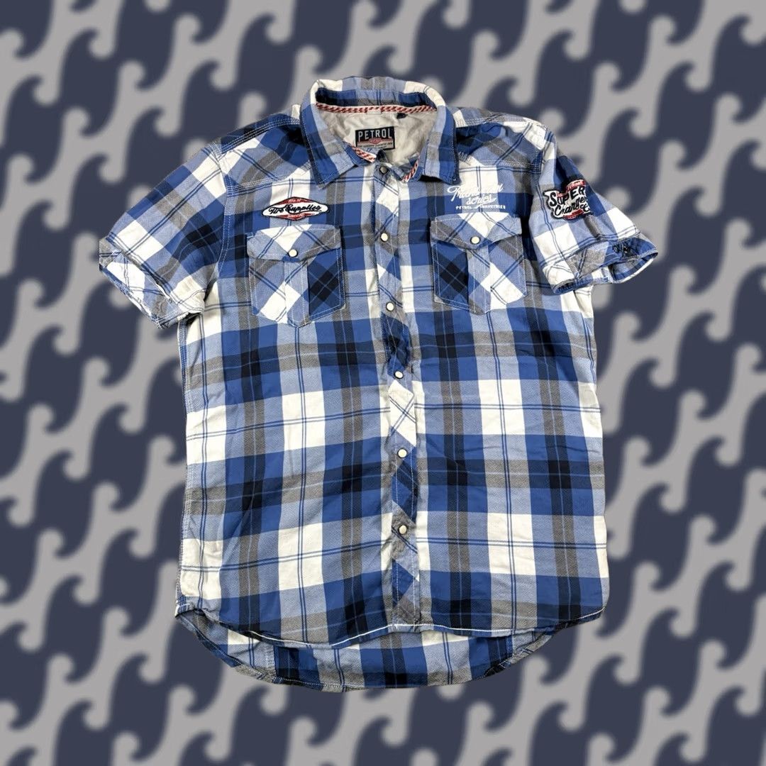 Petrol Industries Petrol Industries Blue Plaid Pearl Snap Embroidered Work Shirt Mens Large Button-Up Shirt Size US L / EU 52-54 / 3 - 1 Thumbnail