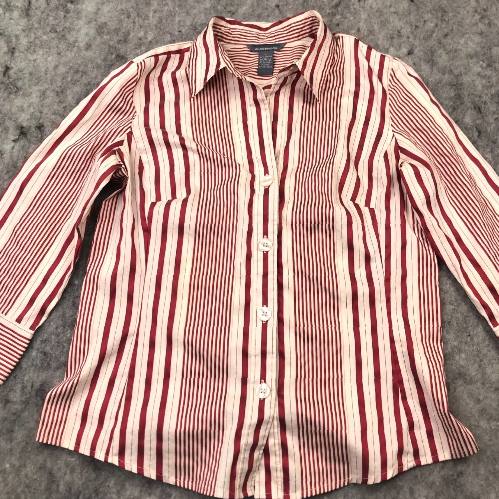 Vintage Hillard & Hanson Womens Shirt Top L Beige Red Stripes Button Down Stretch Casual Party/Cocktail Travel Size L / US 10 / IT 46 - 2 Thumbnail