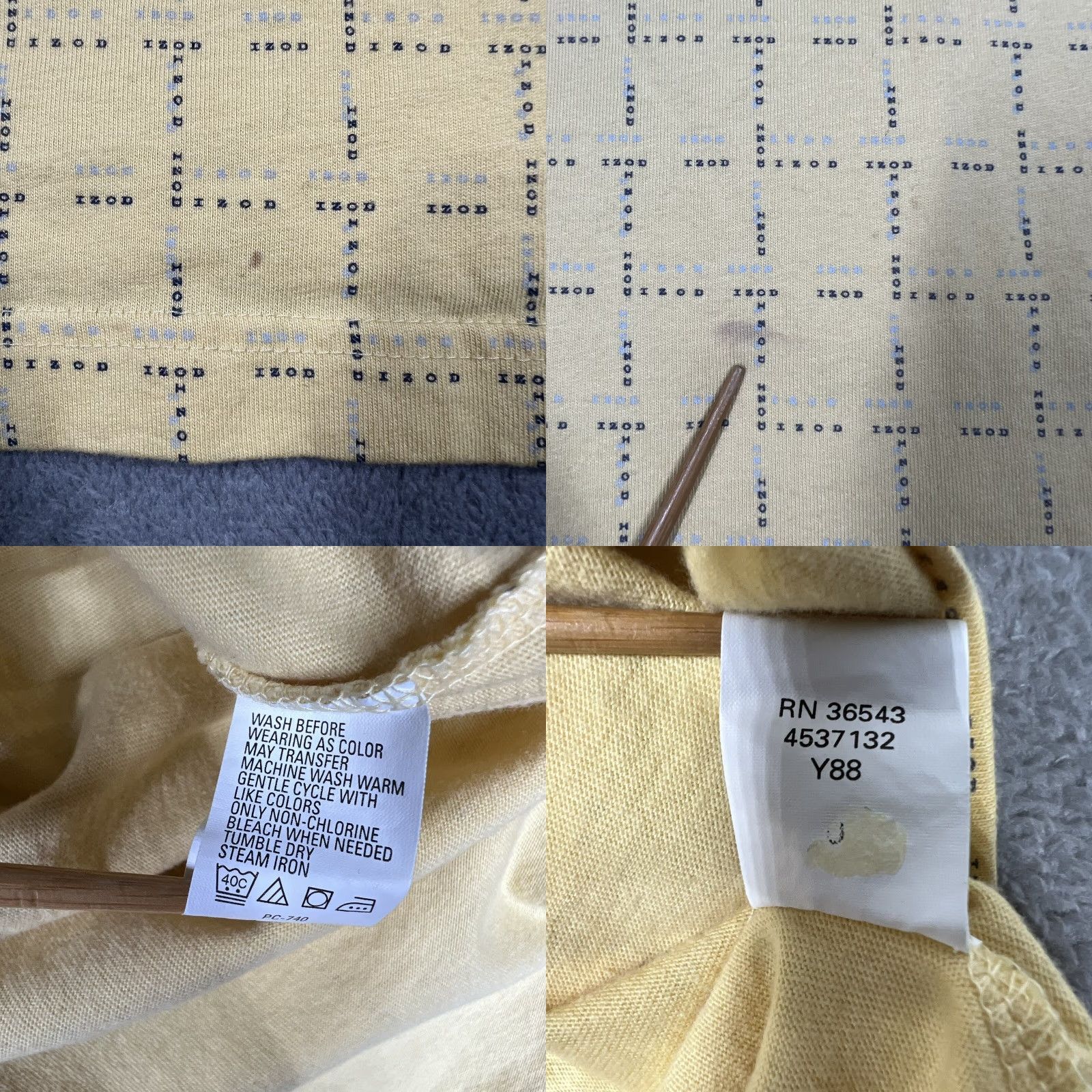 Izod VINTAGE IZOD Polo Shirt Mens Large Striped Text All Over Print Yellow 100% Cotton Short Sleeve Button Closure Casual Rugby Style Retro Modern Mens Size US L / EU 52-54 / 3 - 9 Thumbnail