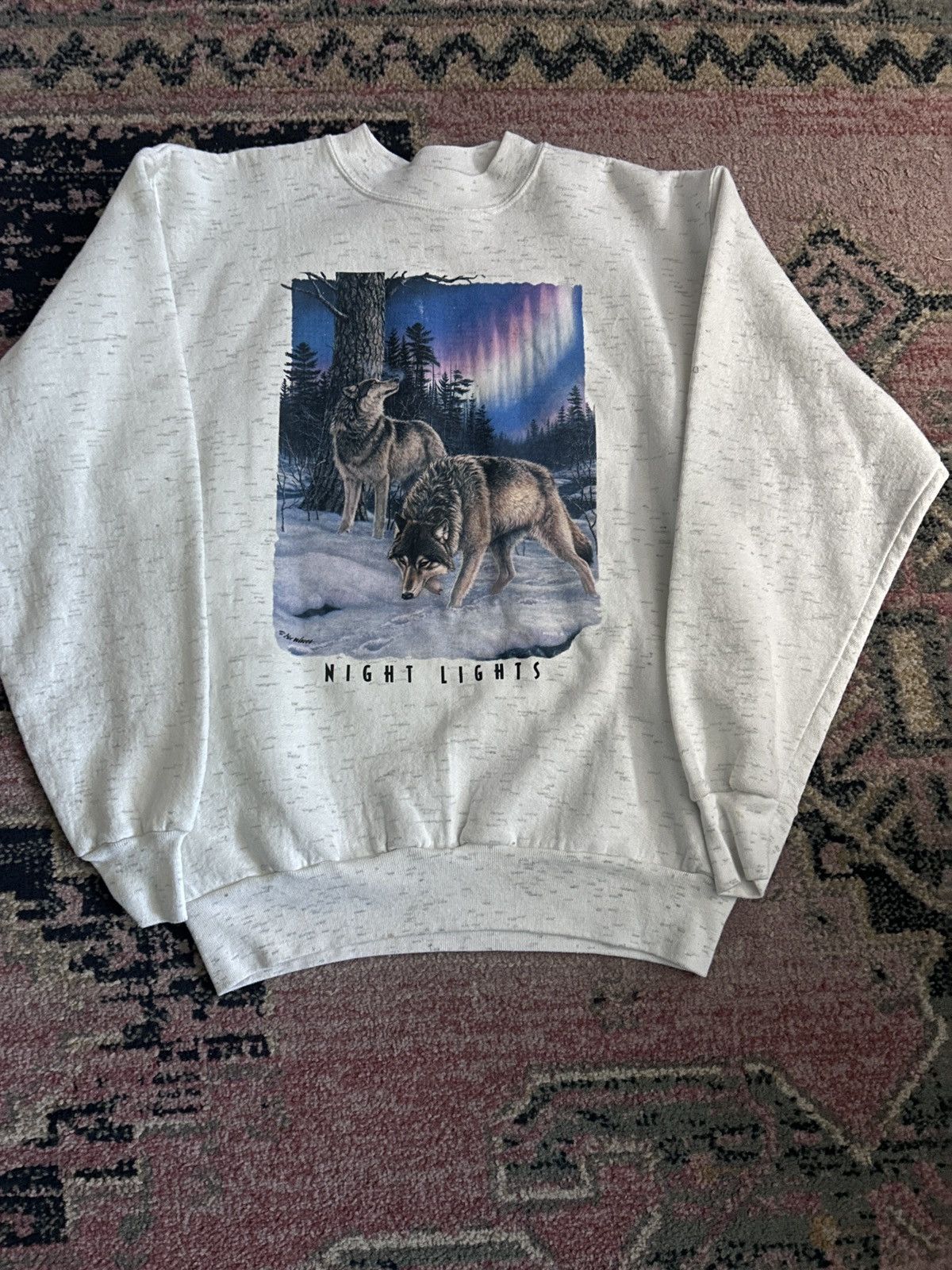 Vintage Vintage 90s Oneita Power-Sweats Night Lights Wolf Sweatshirt Size US XL / EU 56 / 4 - 1 Thumbnail