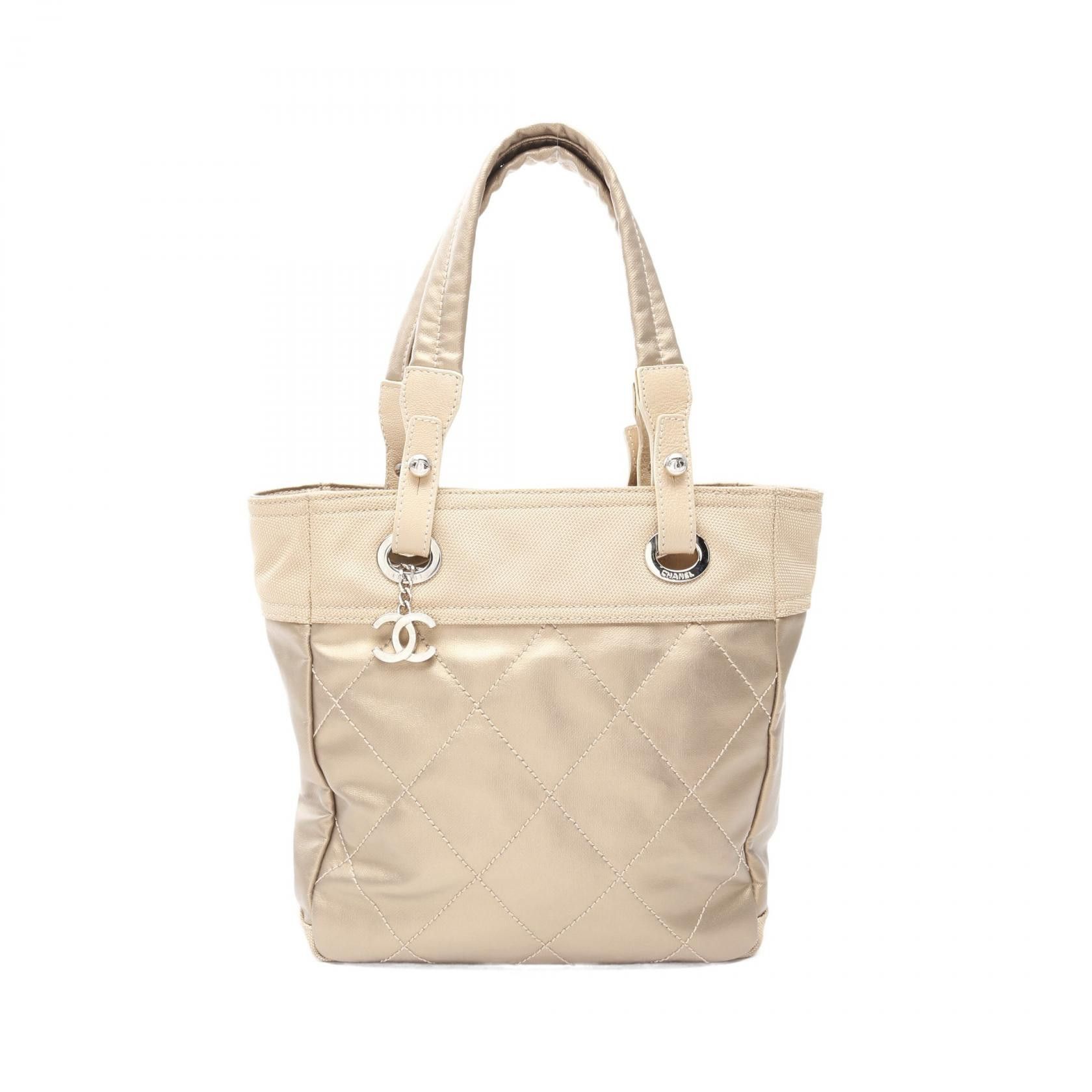 Chanel Chanel Paris Biarritz Pm Pvc Coated Canvas Leather Tote Bag Canvas Tote Bag A34208 in Gold, Women's