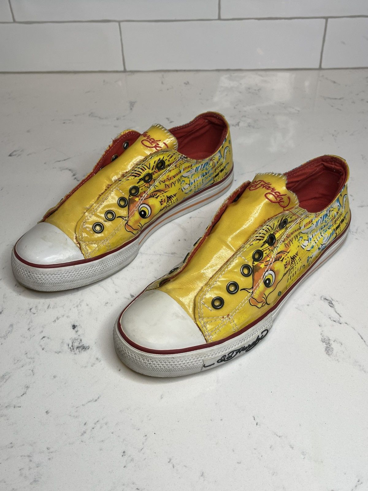Ed Hardy Y2K Ed Hardy Low Top Sneakers Yellow w Fish Print Logo Sz 9 Size US 9 / IT 39 - 3 Thumbnail