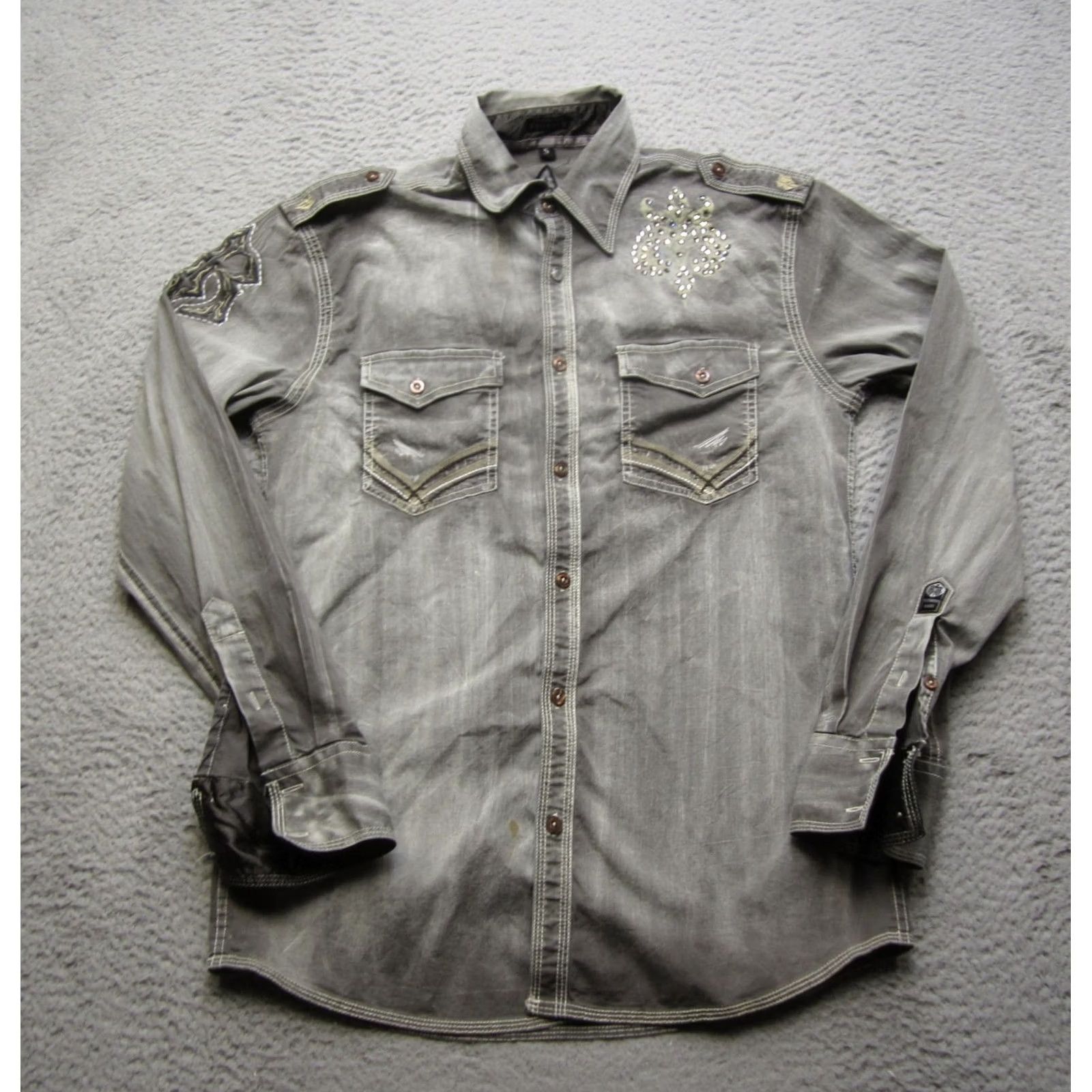 Roar Roar Shirt Mens Small Gray Western Long Sleeve Snap Button Embellished Denim Size US S / EU 44-46 / 1 - 2 Thumbnail
