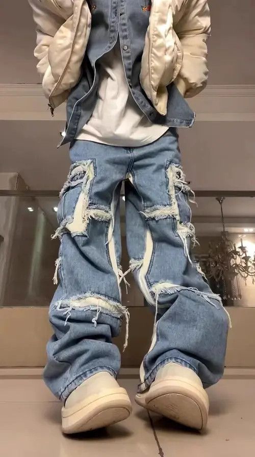 image of High Street Ripped Raw Edge Patchwork Draped Jeans in Blue, Men's (Size 32)