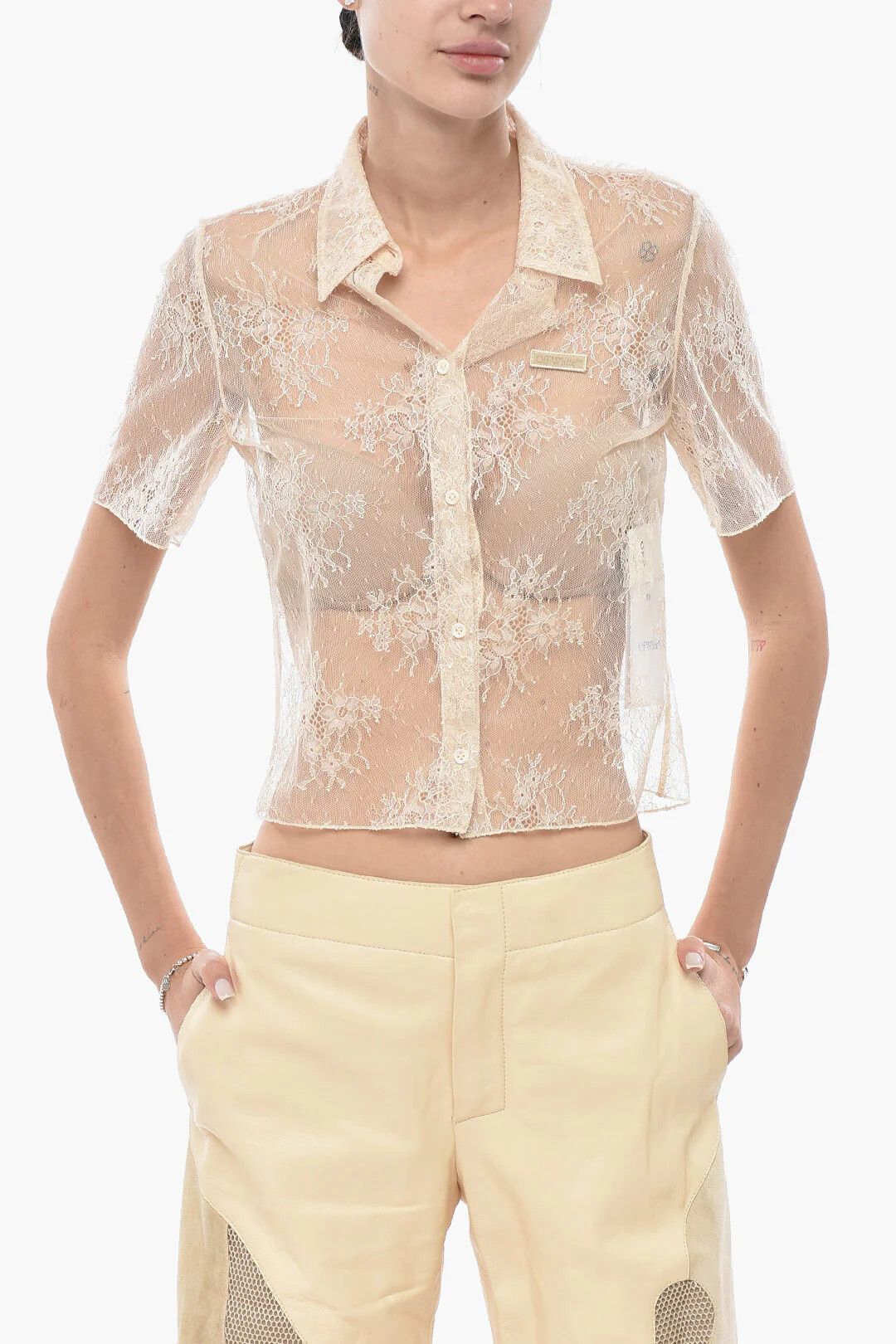 Off-White og1mm0426 Lace Bowling Shirt in Pink Size S / US 4 / IT 40 - 1 Thumbnail