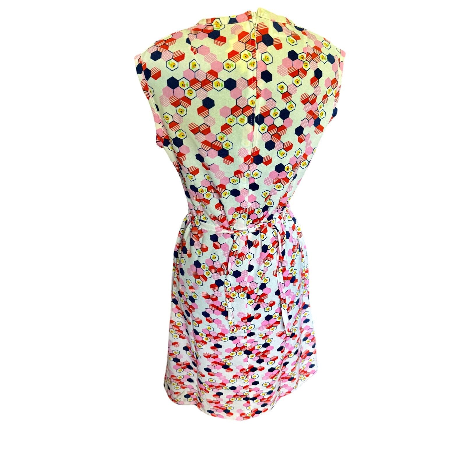 Vintage Vintage 70’s Diolen White Pink Geometric Belted Dress Large Size L / US 10 / IT 46 - 2 Thumbnail