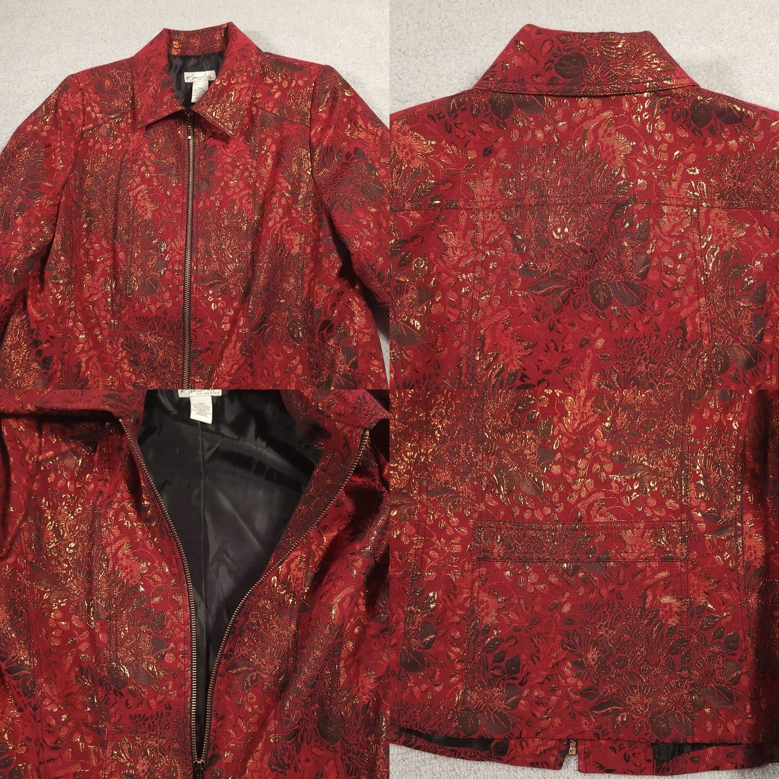 Vintage Kim Rogers Full Zip Jacket Women's 10P Petite Red Gold Shimmer Lined Floral Jacket Size L / US 10 / IT 46 - 8 Thumbnail