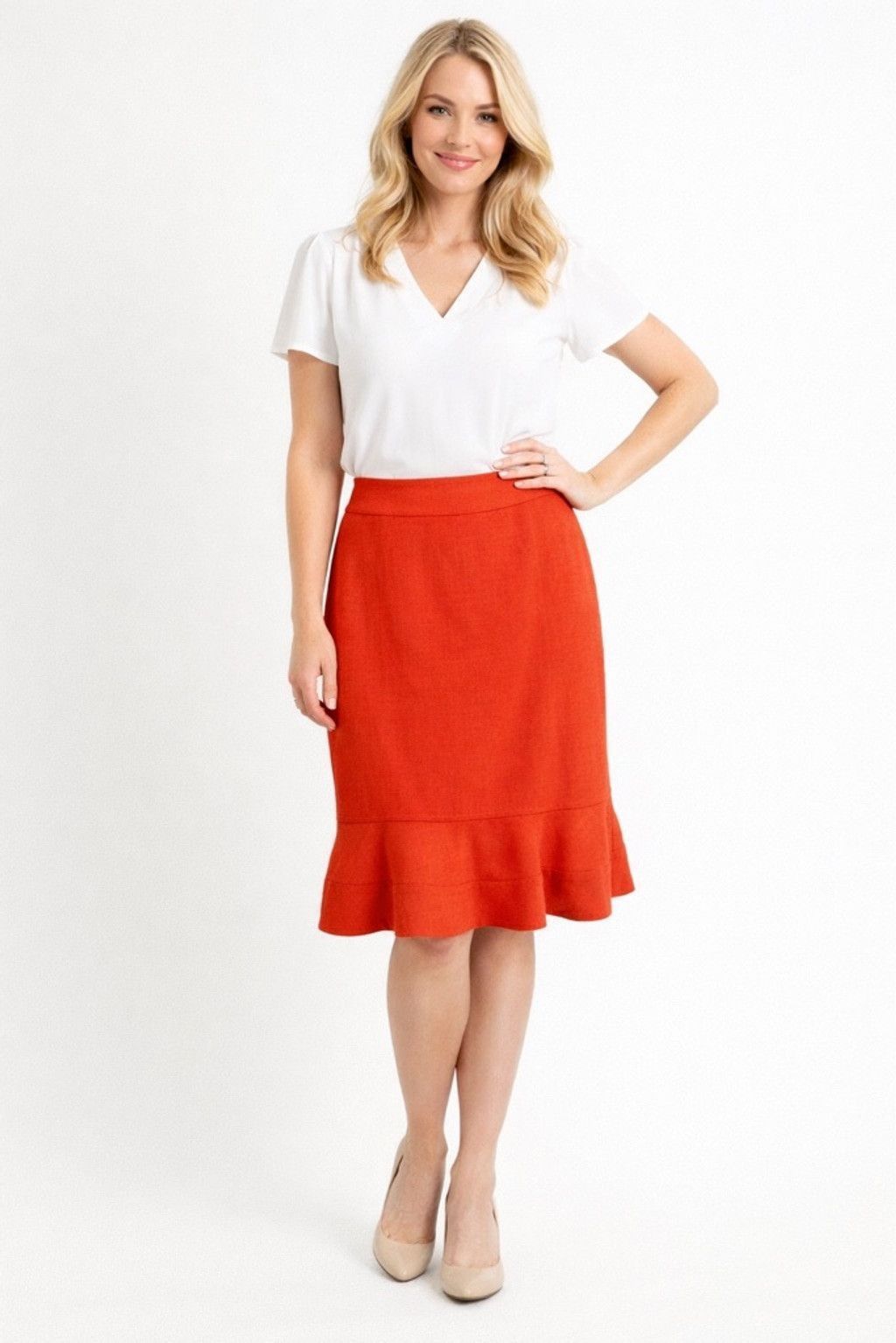 Anne Klein Women's Anne Klein Orange Midi Skirt with Ruffle Hem Size 14 Size 36" / US 14 / IT 50 - 1 Thumbnail