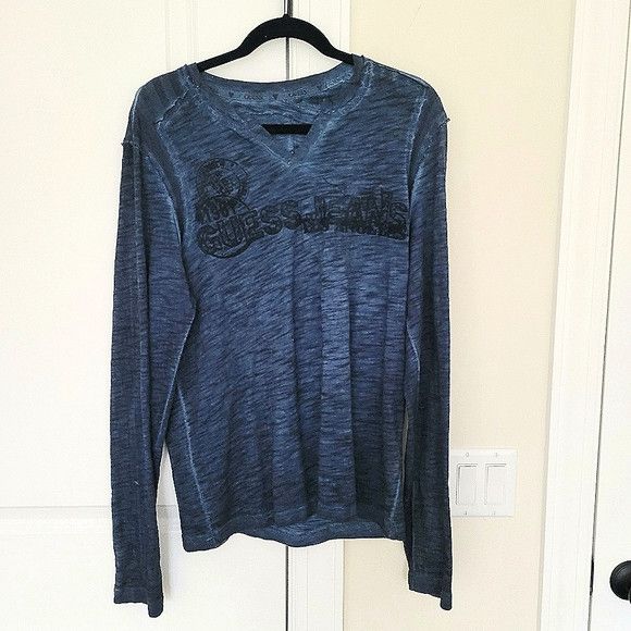 Guess Heathered Graphic Split V-Neck Long Sleeve Tee Size US M / EU 48-50 / 2 - 2 Thumbnail