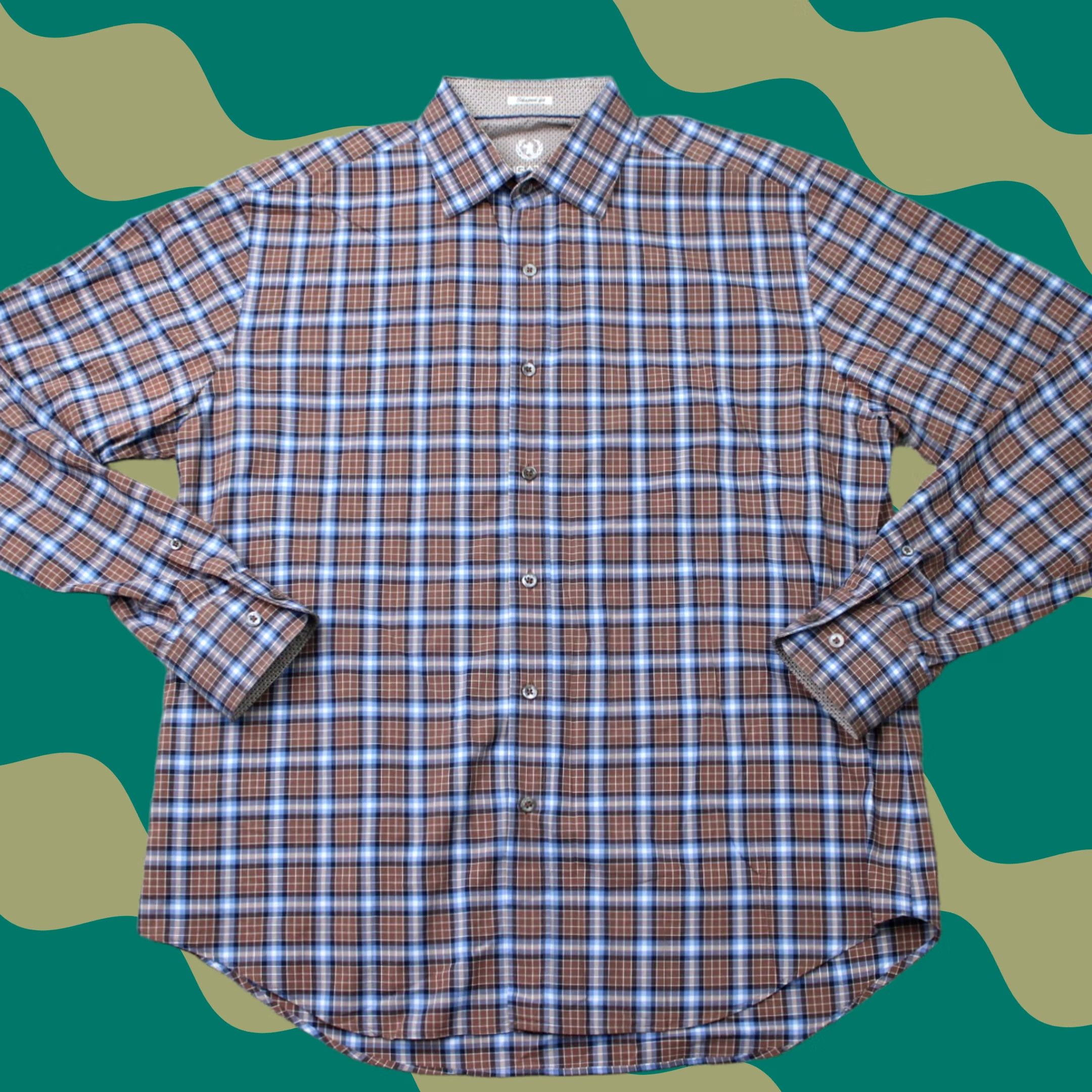 BUGATCHI Bugatchi Uomo Shirt Men Large Brown/Blue Shaped Fit Button-Up Long Sleeve Cotton Plaid Collar Spread Size US L / EU 52-54 / 3 - 1 Thumbnail