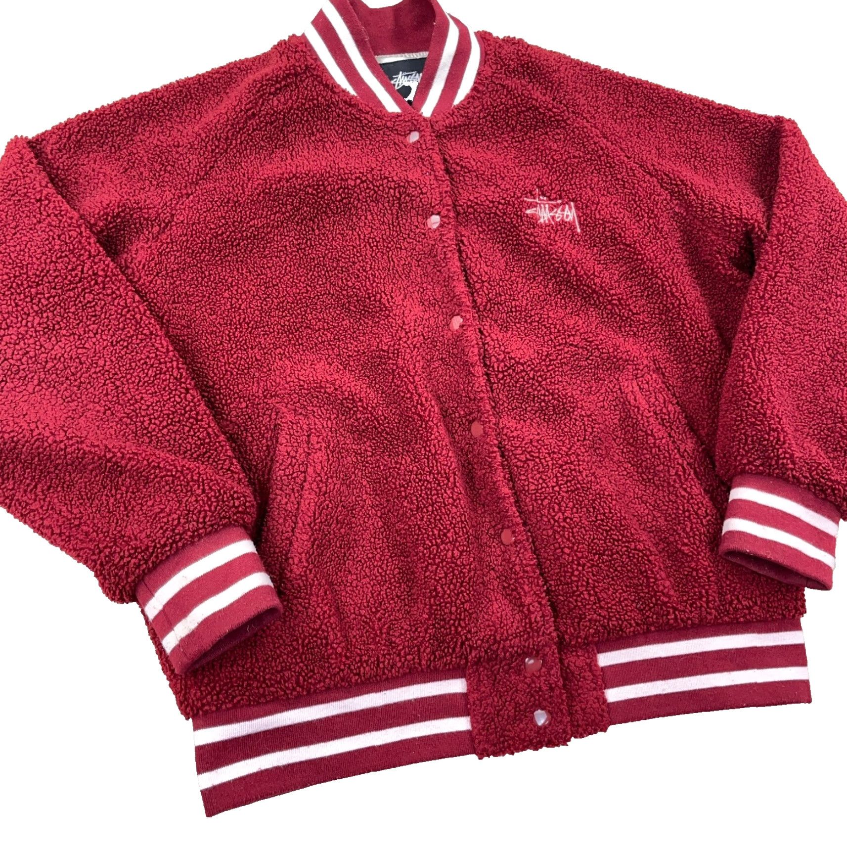 Etro Stussy Varsity Jacket Women Small Red Burgundy Sherpa Deep Pile Retro Snap Micah Size S / US 4 / IT 40 - 2 Thumbnail