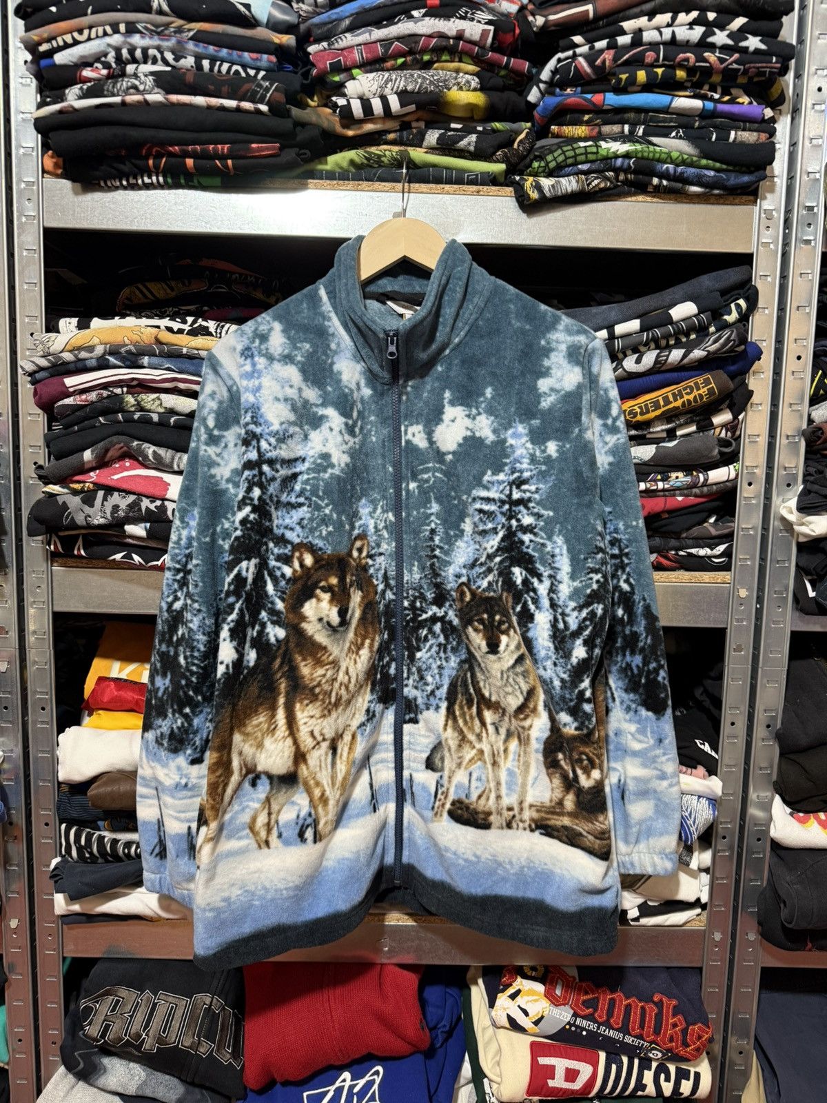 Vintage 1990s Cotton Traders Wolf Print Zip Fleece Pullover Y2K Hype Size US XL / EU 56 / 4 - 3 Thumbnail