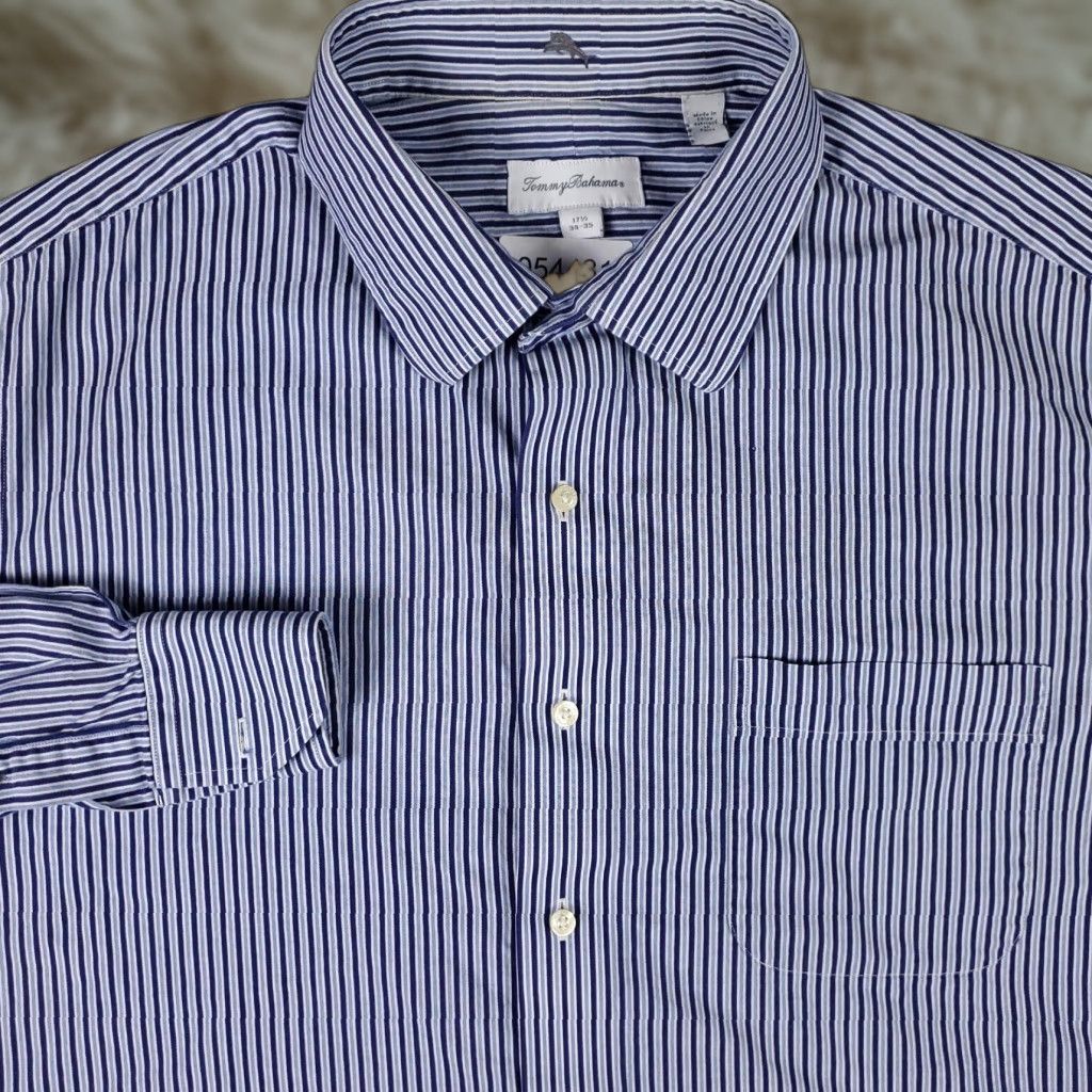 Tommy Bahama Tommy Bahama Shirt Mens 17.5 Blue Striped Dress Button Up Long Sleeve Size 46R - 1 Thumbnail