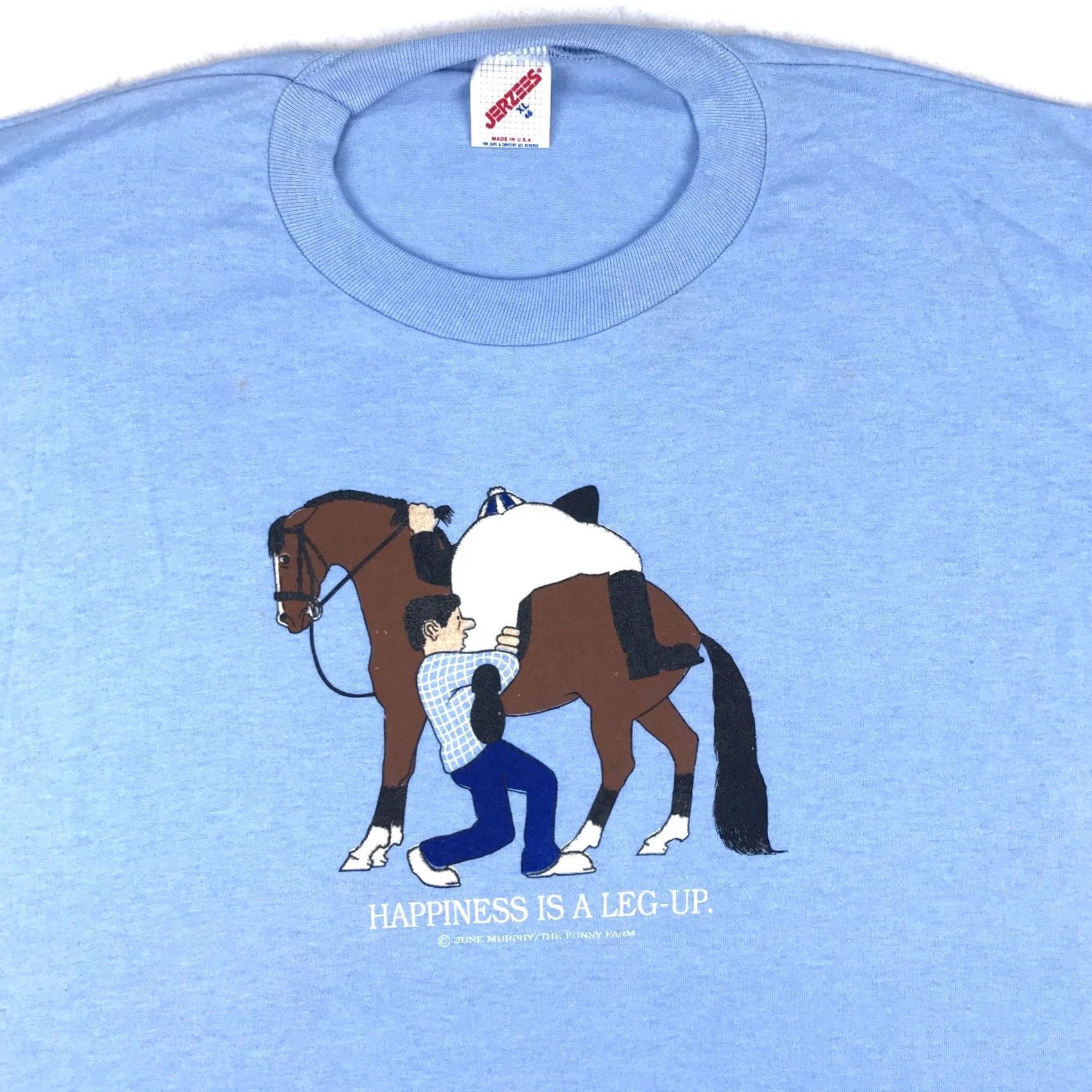 Jerzees NOS vtg 80s HAPPINESS IS A LEG UP HORSE JOCKEY CARTOON T-Shirt L blue Nike Shirt Ladies Mens Womens Boys Girls Size US L / EU 52-54 / 3 - 5 Thumbnail