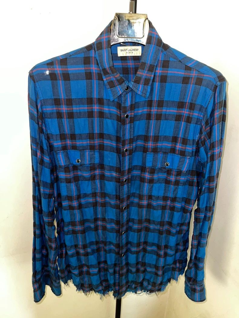 Saint Laurent Paris Saint Laurent Klein Blue Flannel Shirt with Fringes- DMC Size US L / EU 52-54 / 3 - 1 Thumbnail