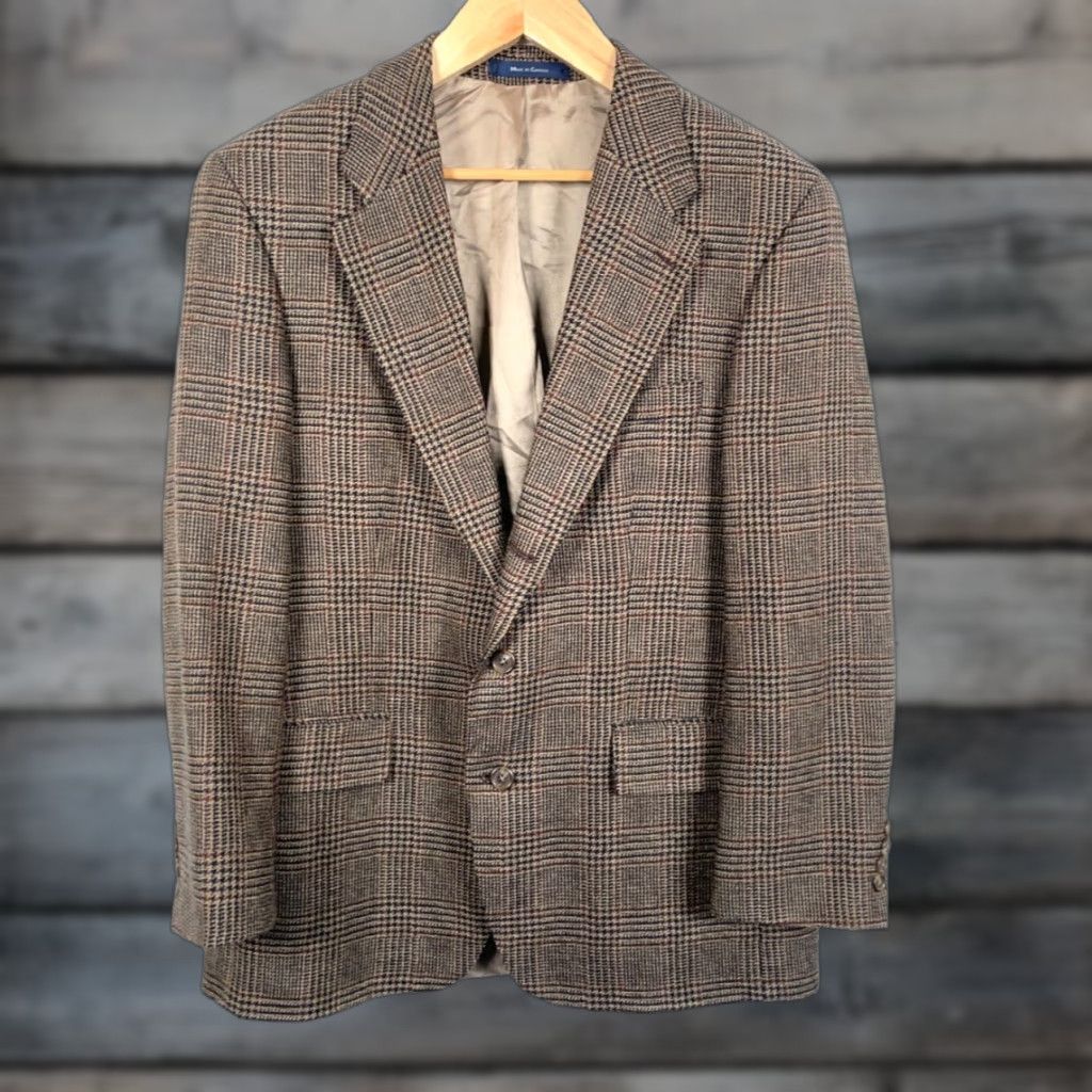 Ralph Lauren VINTAGE Chaps Ralph Lauren Blazer Jacket Single-Breasted Wool Brown Houndstooth 43 Regular Mens True? Size 46R - 1 Thumbnail