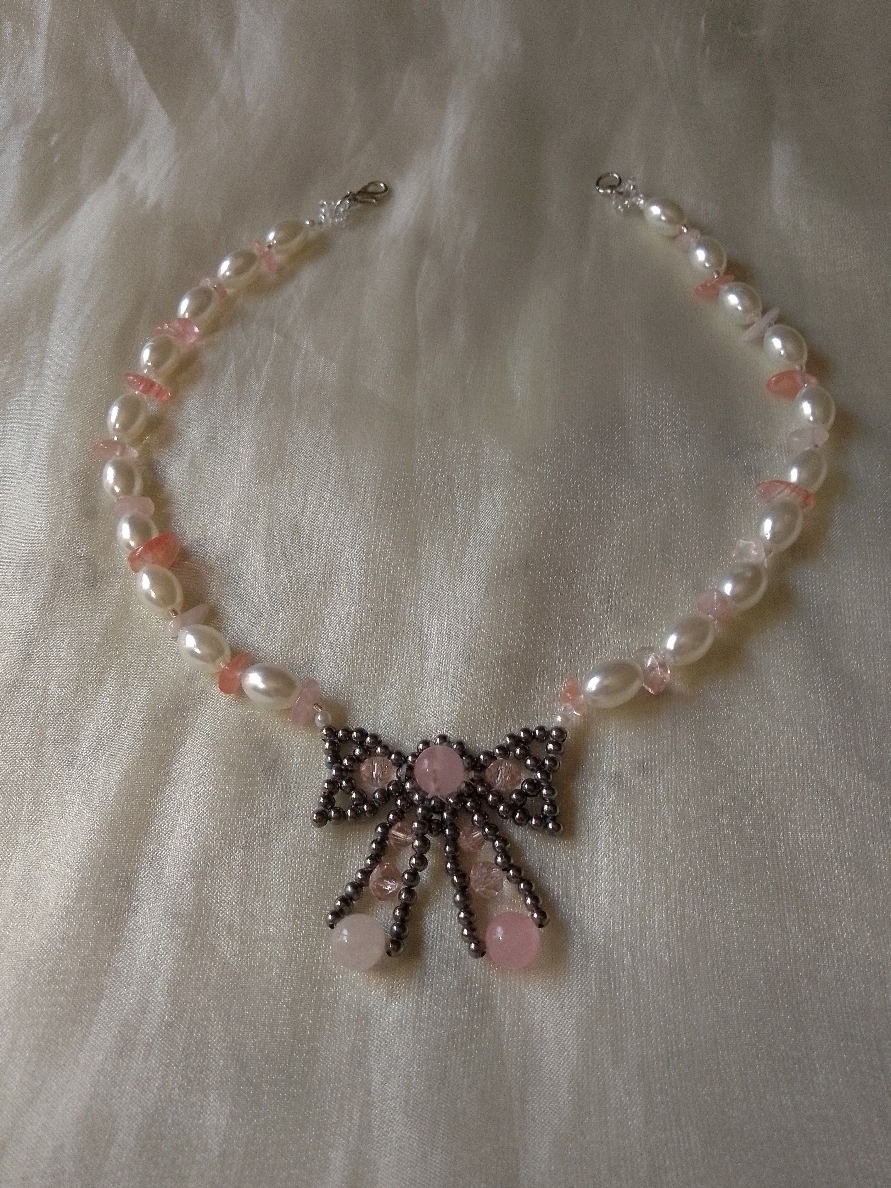 Handmade Bow necklace with natural rose with gemstones& pearls Size ONE SIZE - 5 Thumbnail