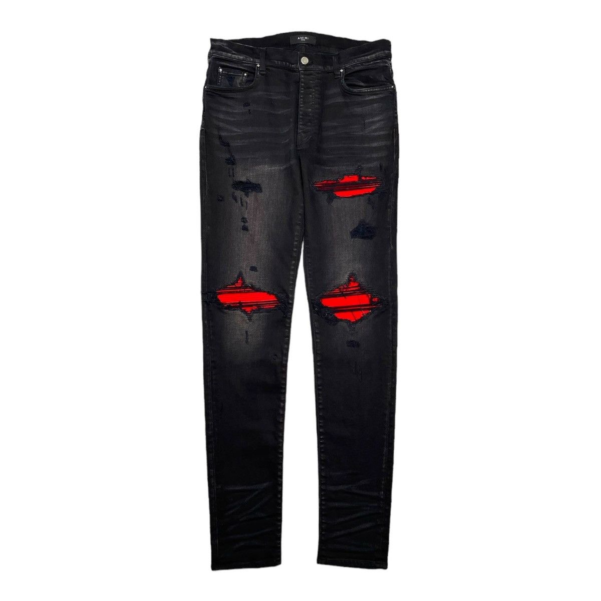 image of Amiri Mx1 Red Ultra Suede Patch Jeans Aged Black, Men's (Size 36)