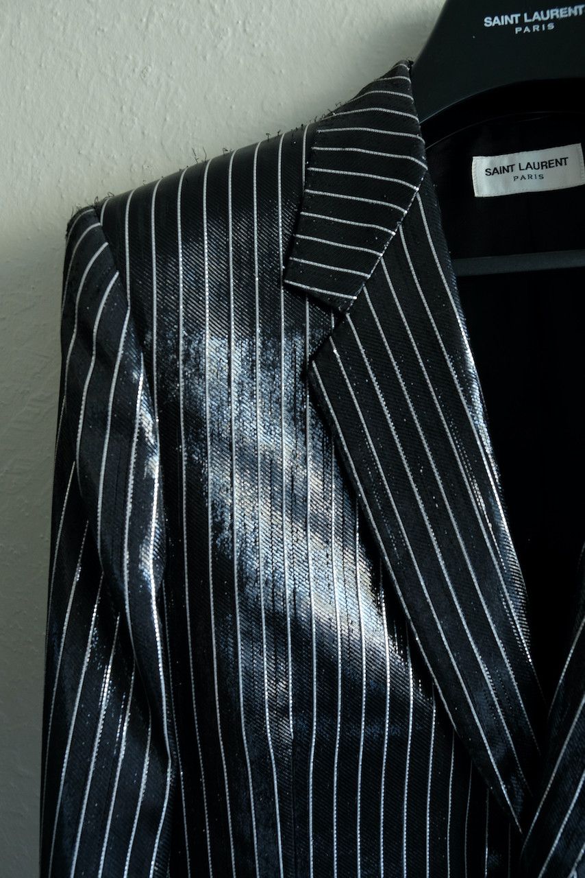 Hedi Slimane × Saint Laurent Paris Saint Laurent Paris Shiny Pinstripe Blazer Coated Jacket Size 52R - 3 Thumbnail