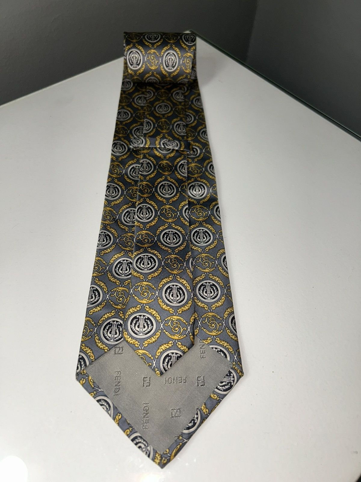 Fendi Vintage Fendi Gray & Gold Patterned Men's Silk Tie Size ONE SIZE - 8 Thumbnail