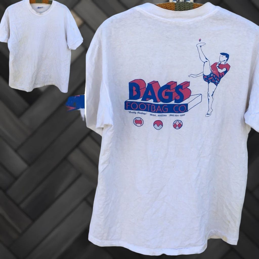 Hanes VINTAGE Hanes FOOTBAG CO Quality Footbags T-Shirt L USA 80s 90s Mens White Graphic Tee Short Sleeve 100% Cotton Size US L / EU 52-54 / 3 - 1 Thumbnail